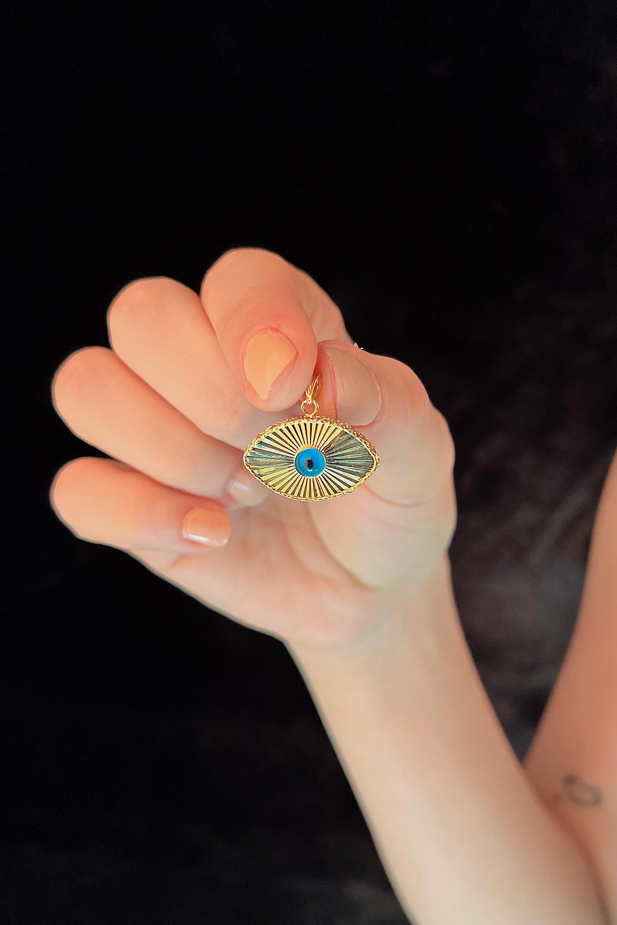 14 Ayar Altın Göz Detaylı Işıltılı Oval Kolye Ucu 2 - Fiyonk Kuyumculuk