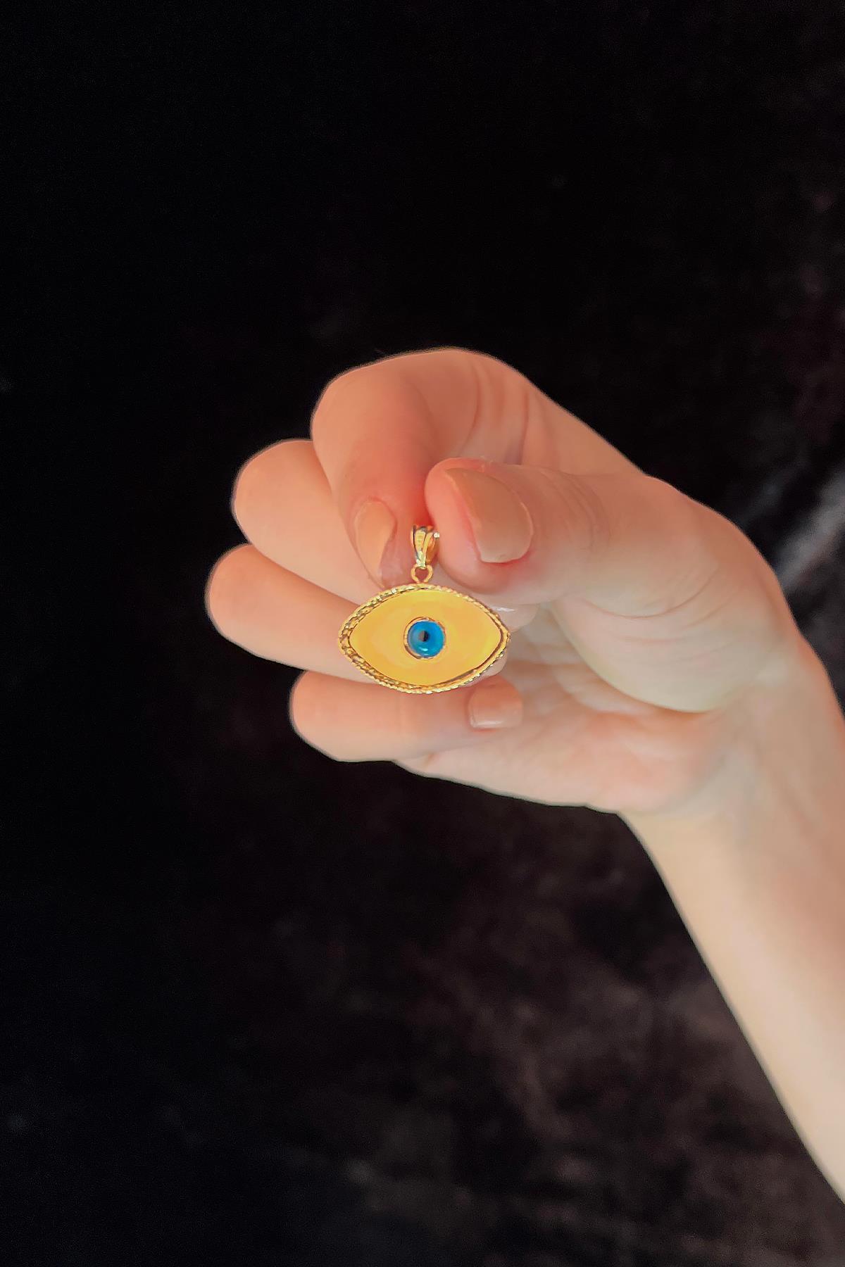 14 Ayar Altın Göz Detaylı Işıltılı Oval Kolye Ucu 2 - Fiyonk Kuyumculuk (1)