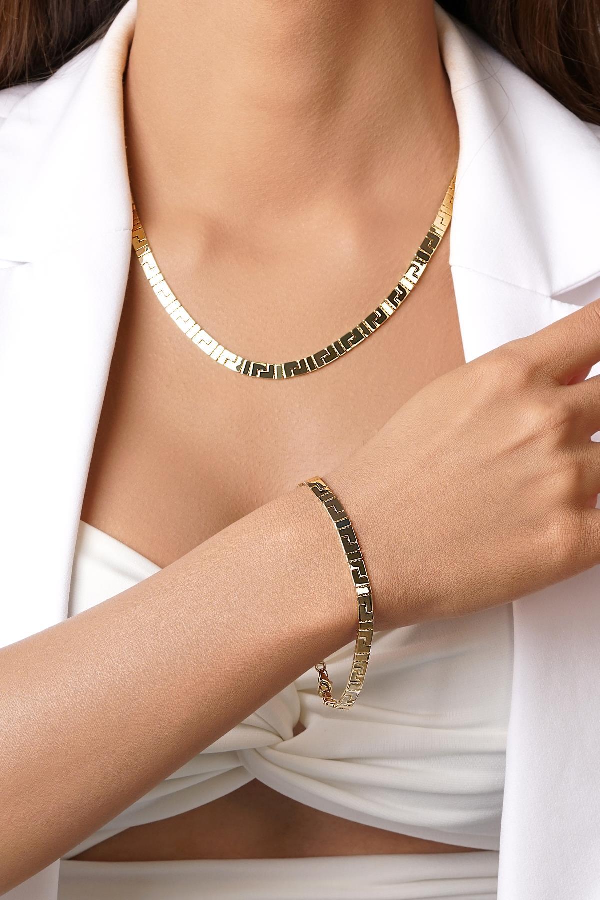 14 Ayar Altın Greek Zincir Set - Fiyonk Kuyumculuk