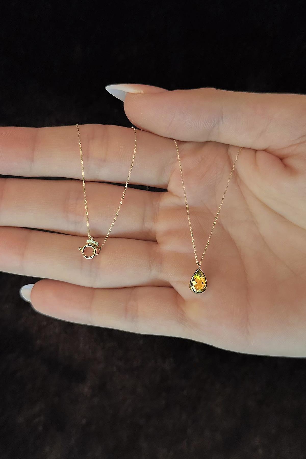 14 Ayar Altın Gün Yeşili Taşlı Damla Kolye - Fiyonk Kuyumculuk (1)