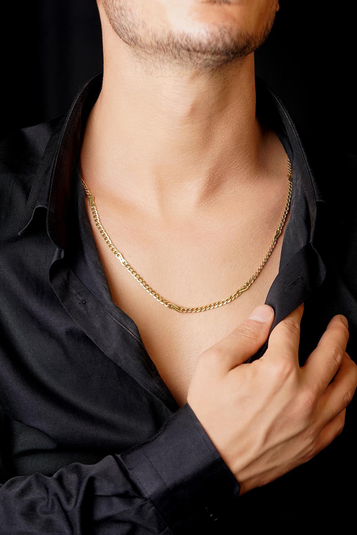 14 Ayar Altın Gurmet Zincirde Fiyonk Detaylı Erkek Kolye 3.90 mm - Fiyonk Kuyumculuk (1)