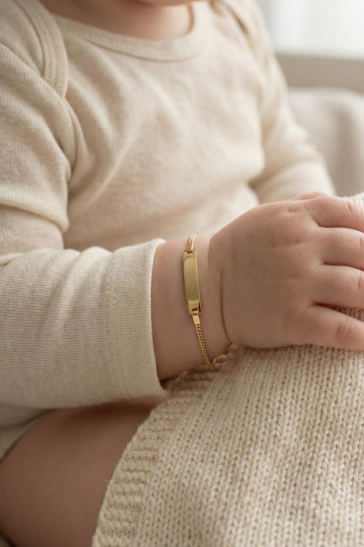 14 Ayar Altın Gurmet Zincirli Dikdörtgen Plaka Bebek Çocuk Künyesi - Fiyonk Kuyumculuk (1)