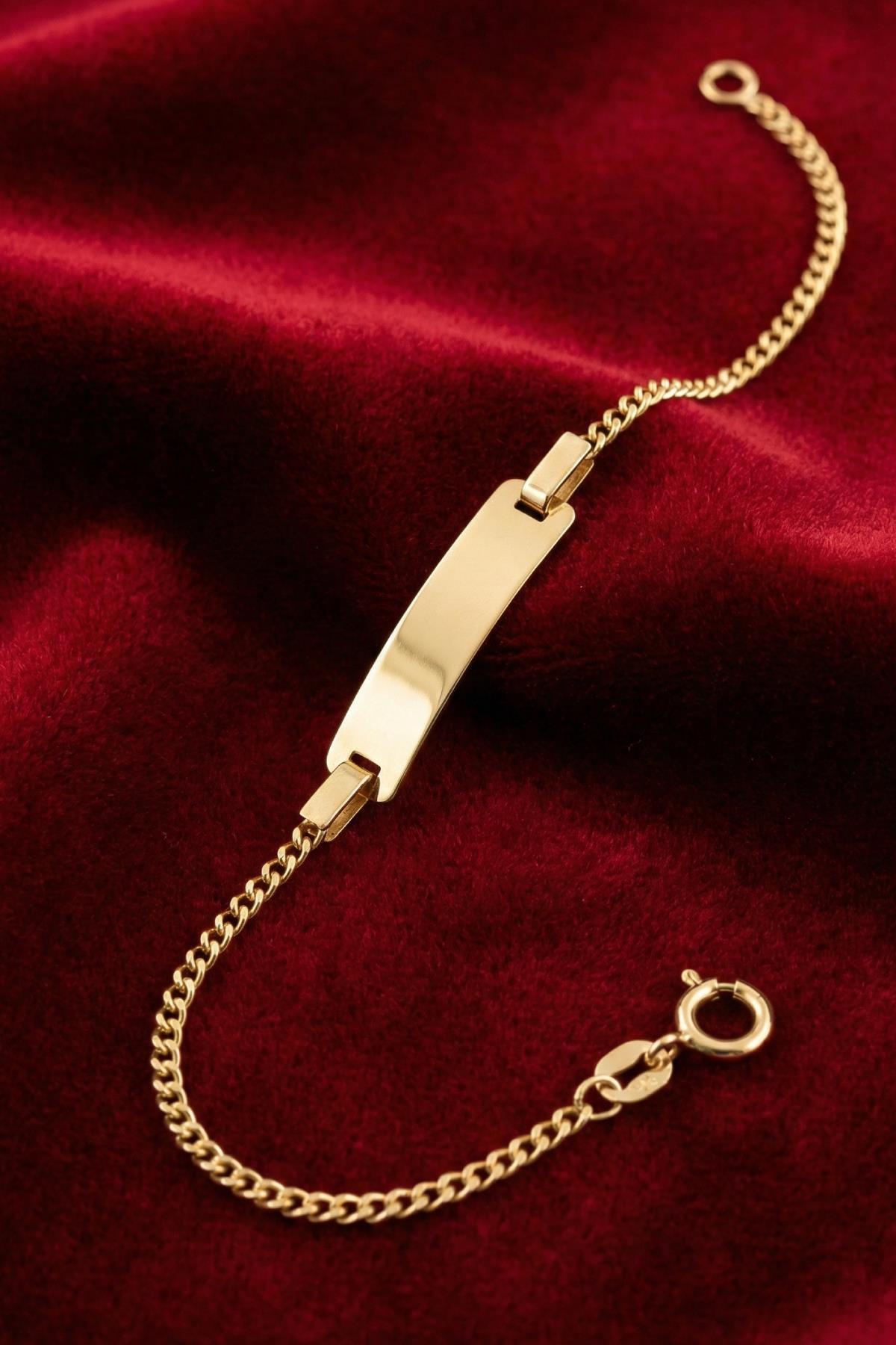 14 Ayar Altın Gurmet Zincirli Dikdörtgen Plaka Bebek Çocuk Künyesi - Fiyonk Kuyumculuk (1)