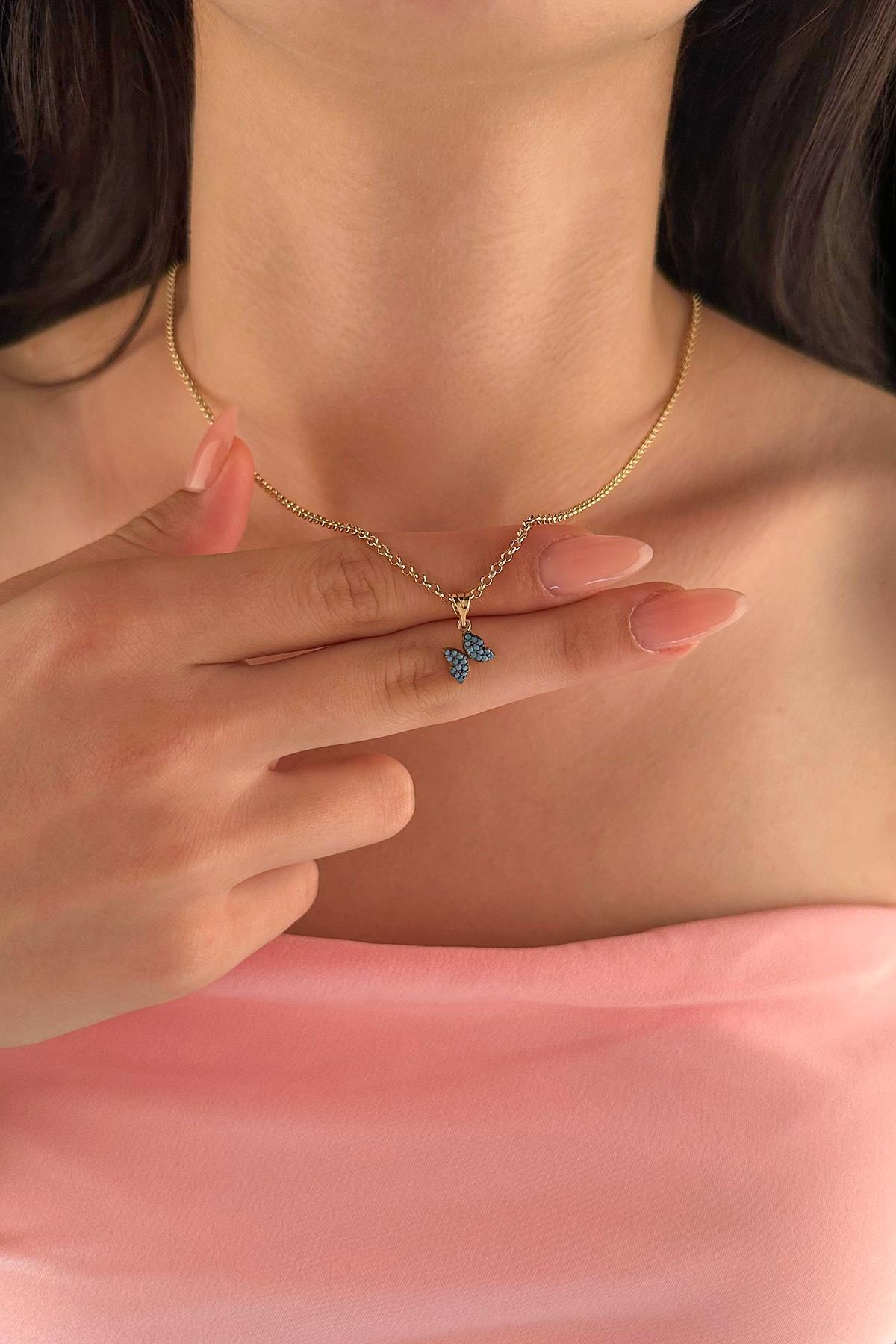 14 Ayar Altın Halka Doch Zincir Firuze Taşlı Kelebek Kolye - Fiyonk Kuyumculuk (1)