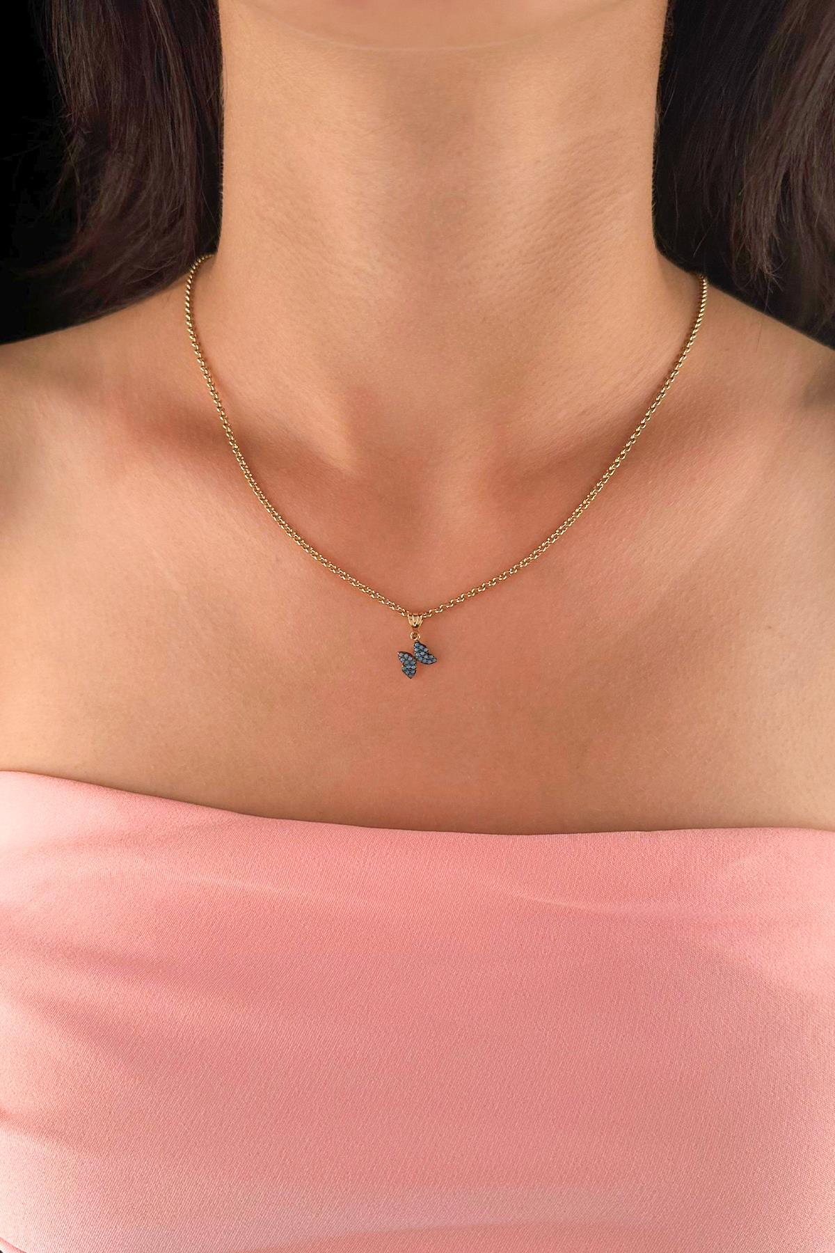 14 Ayar Altın Halka Doch Zincir Firuze Taşlı Kelebek Kolye - Fiyonk Kuyumculuk (1)