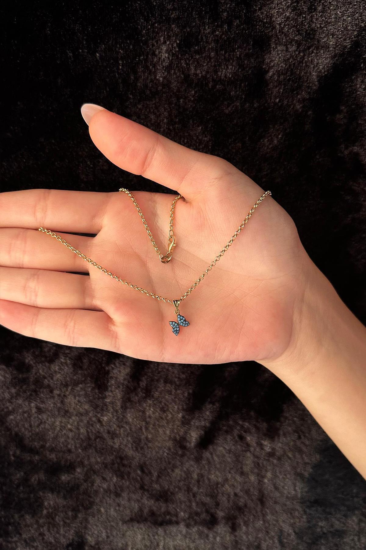 14 Ayar Altın Halka Doch Zincir Firuze Taşlı Kelebek Kolye - Fiyonk Kuyumculuk (1)