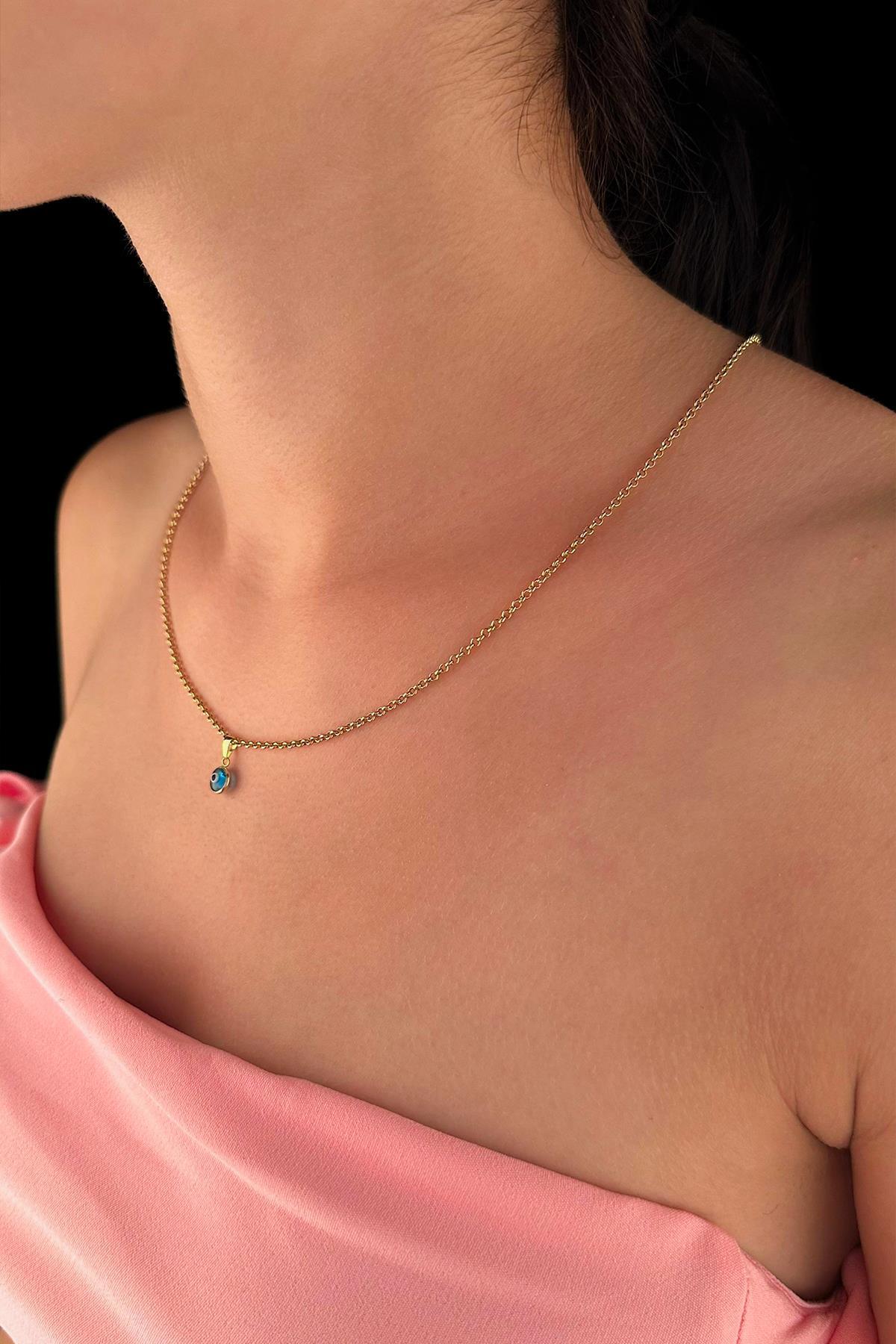 14 Ayar Altın Halka Doch Zincir Mavi Gözlü Nazar Kolye - Fiyonk Kuyumculuk