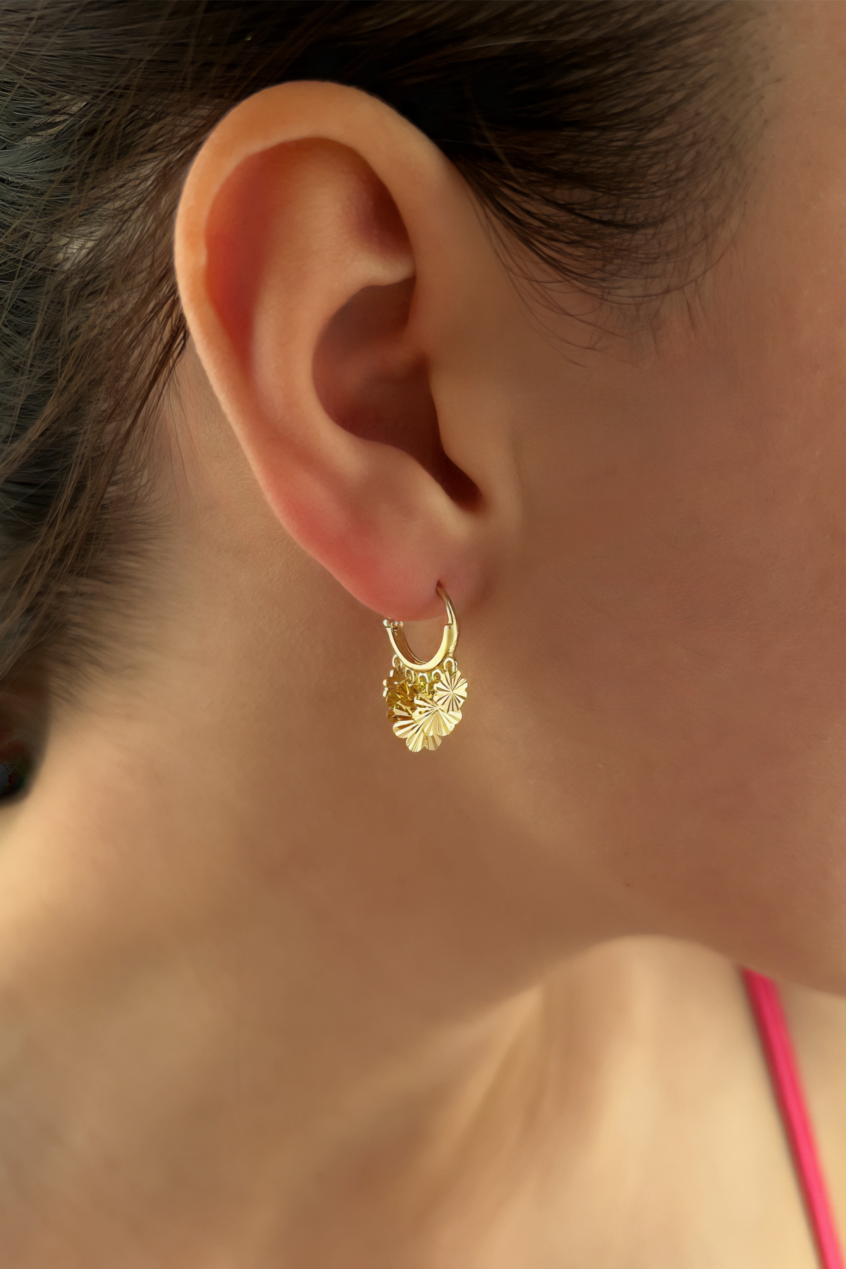 14 Ayar Altın Halka Sallantılı Işıltılı Yonca Sıralı Küpe - Fiyonk Kuyumculuk (1)