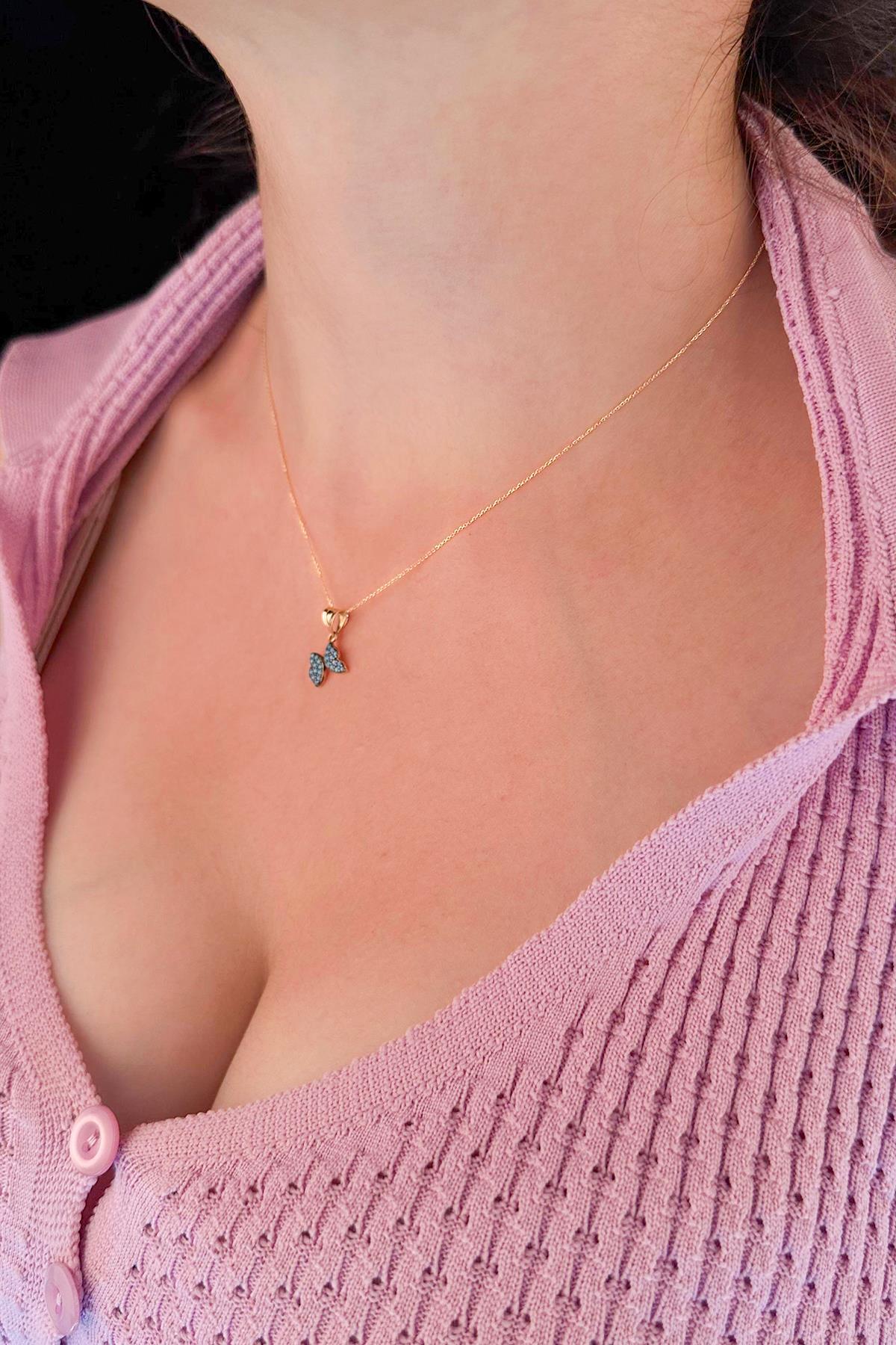 14 Ayar Altın Hayalet Zincir Firuze Taşlı Kelebek Kolye - Fiyonk Kuyumculuk