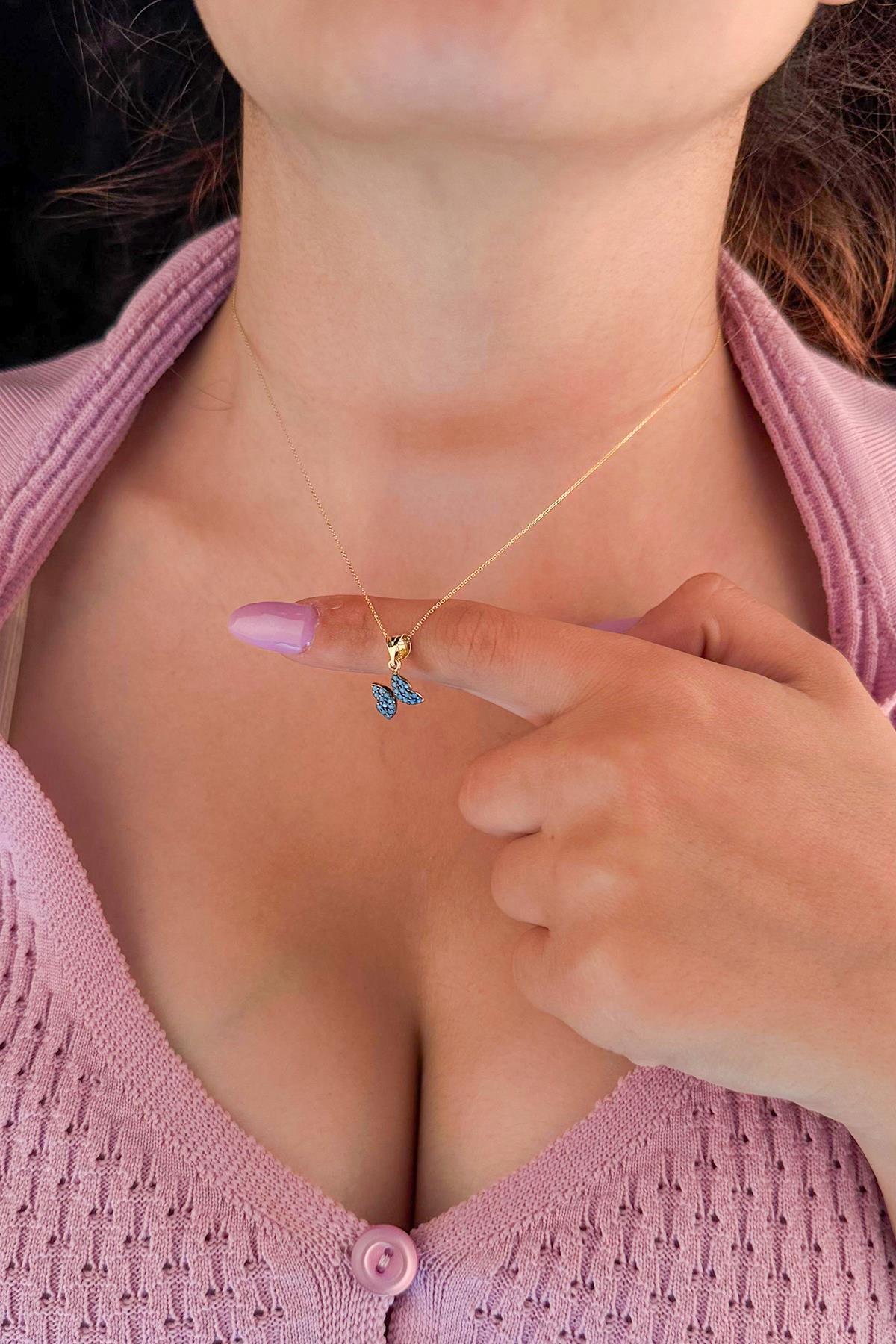 14 Ayar Altın Hayalet Zincir Firuze Taşlı Kelebek Kolye - Fiyonk Kuyumculuk (1)