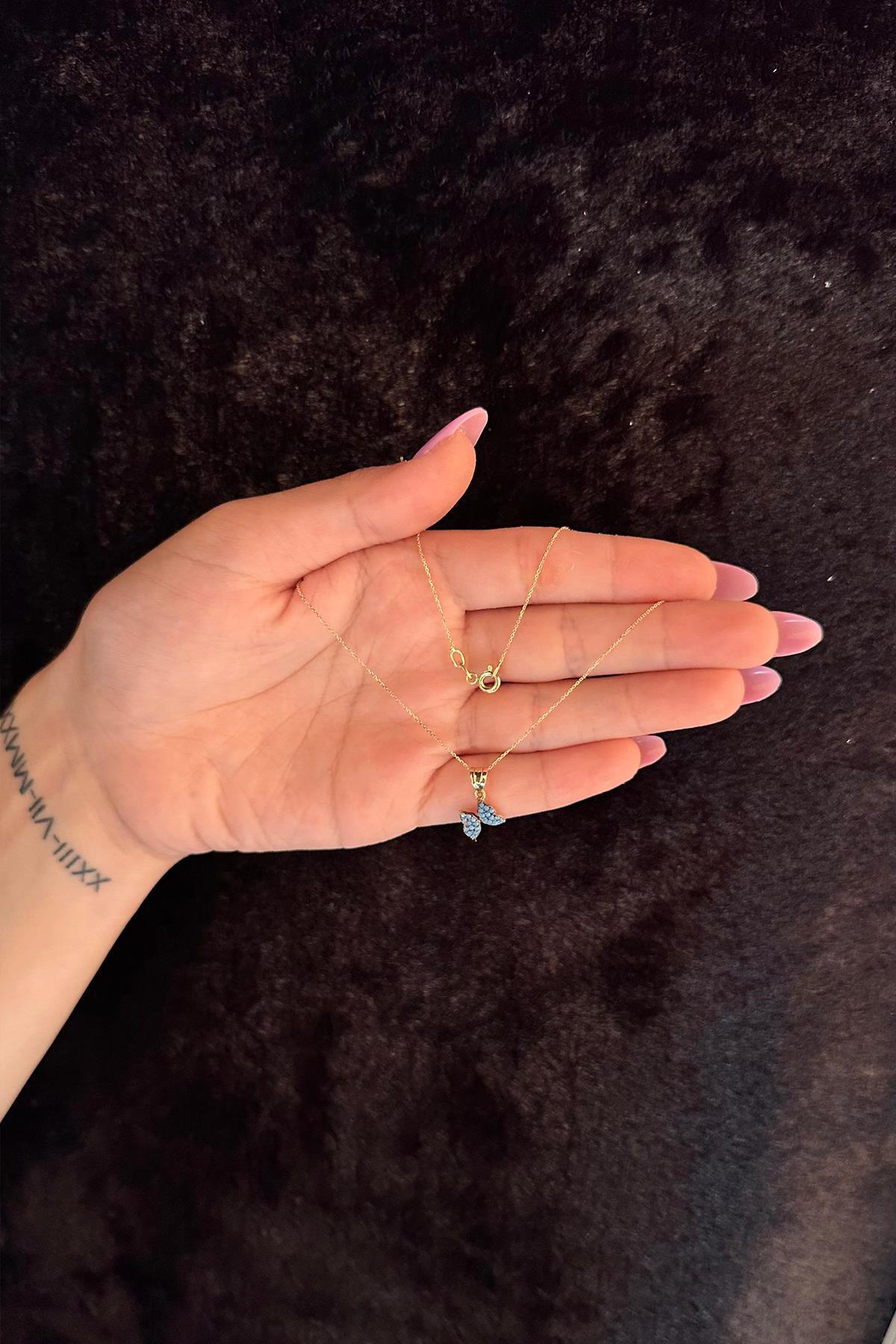 14 Ayar Altın Hayalet Zincir Firuze Taşlı Kelebek Kolye - Fiyonk Kuyumculuk (1)