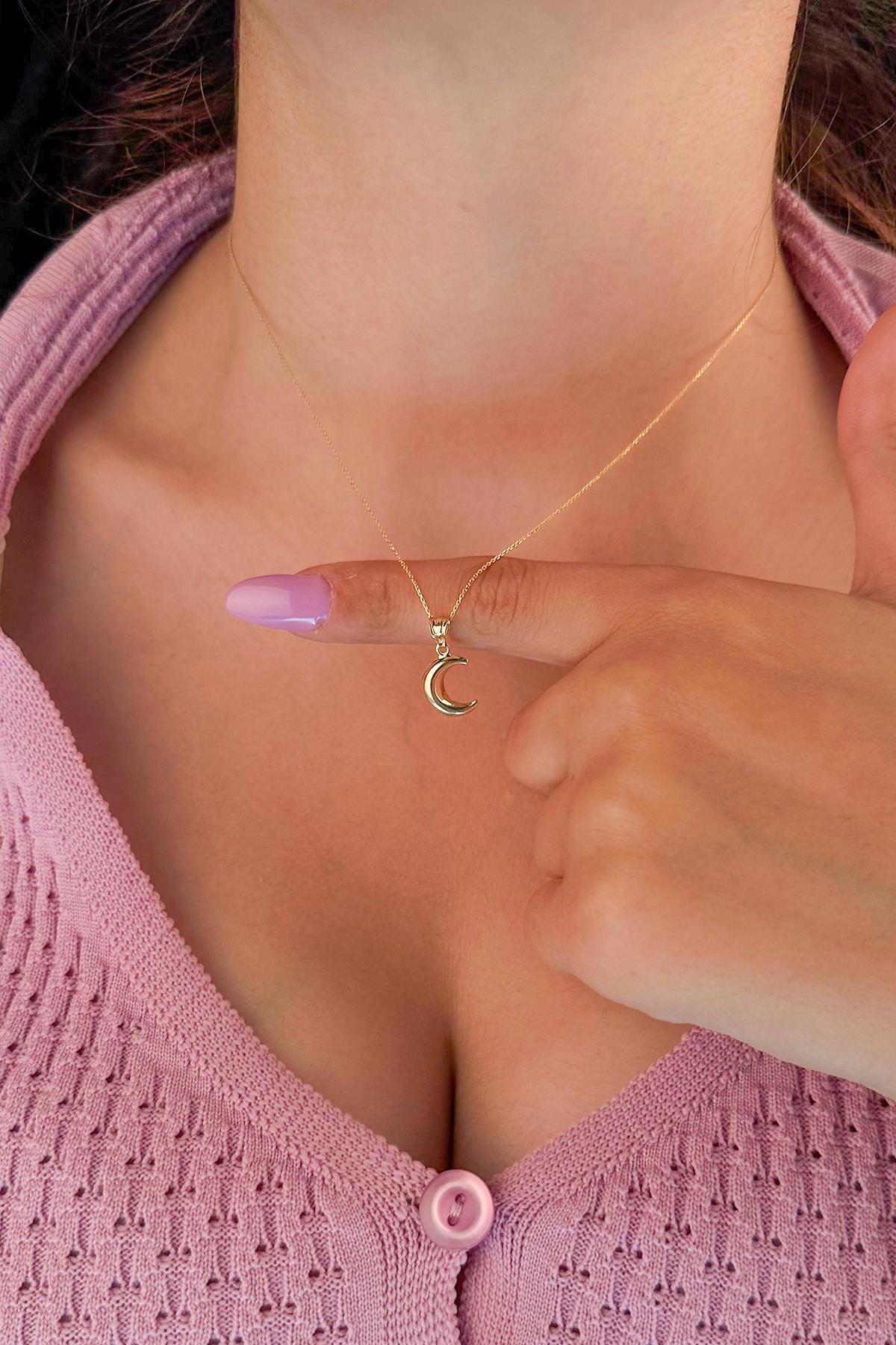 14 Ayar Altın Hayalet Zincir Hilal Ay Uçlu Kolye - Fiyonk Kuyumculuk (1)