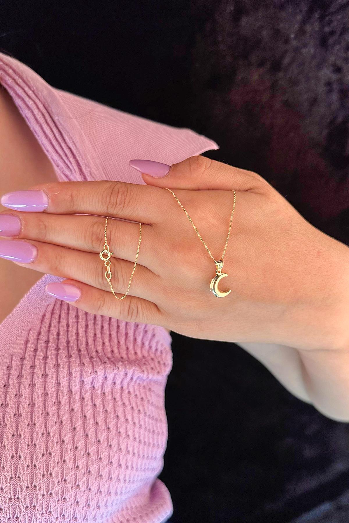 14 Ayar Altın Hayalet Zincir Hilal Ay Uçlu Kolye - Fiyonk Kuyumculuk (1)