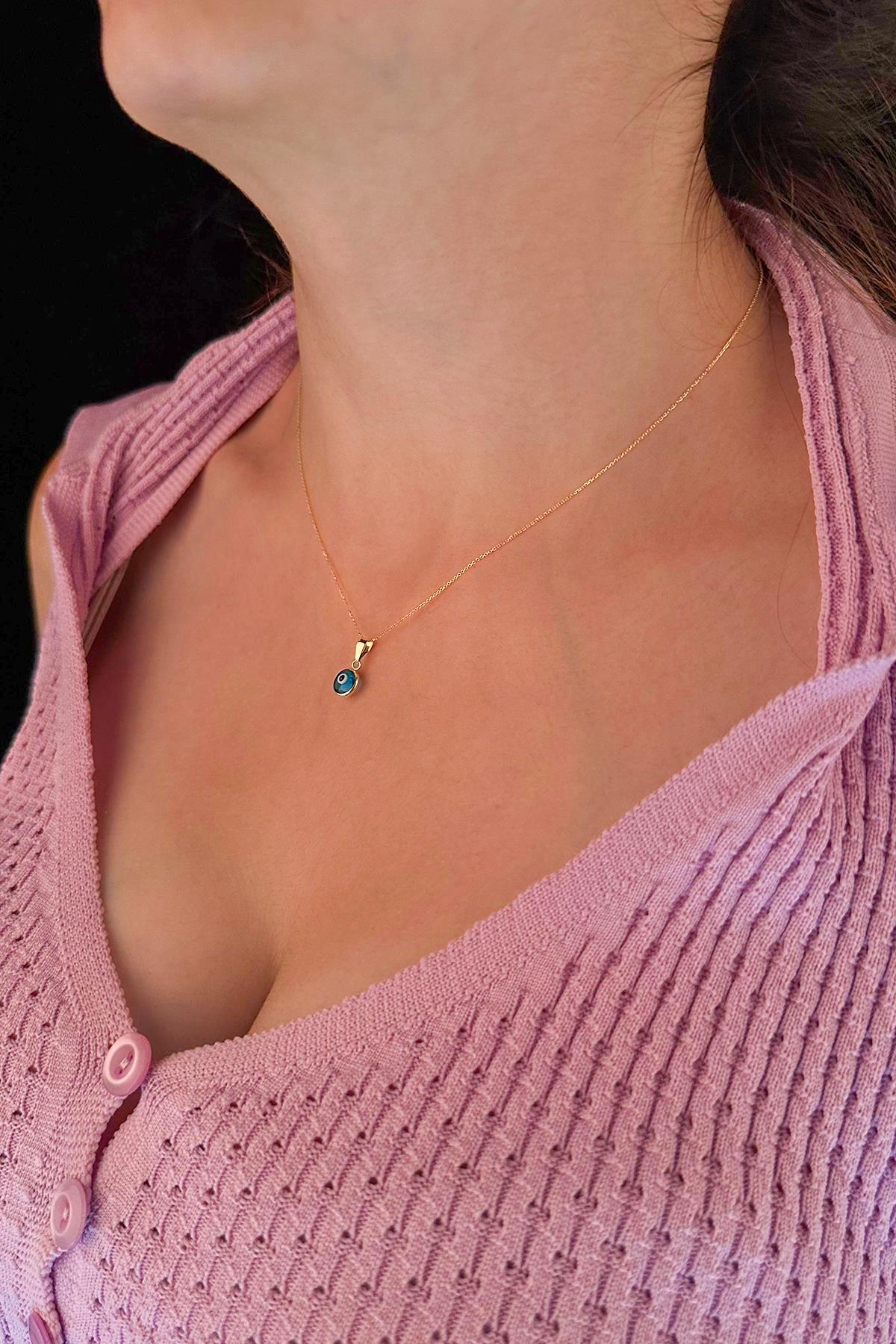 14 Ayar Altın Hayalet Zincir Mavi Gözlü Nazar Kolye - Fiyonk Kuyumculuk