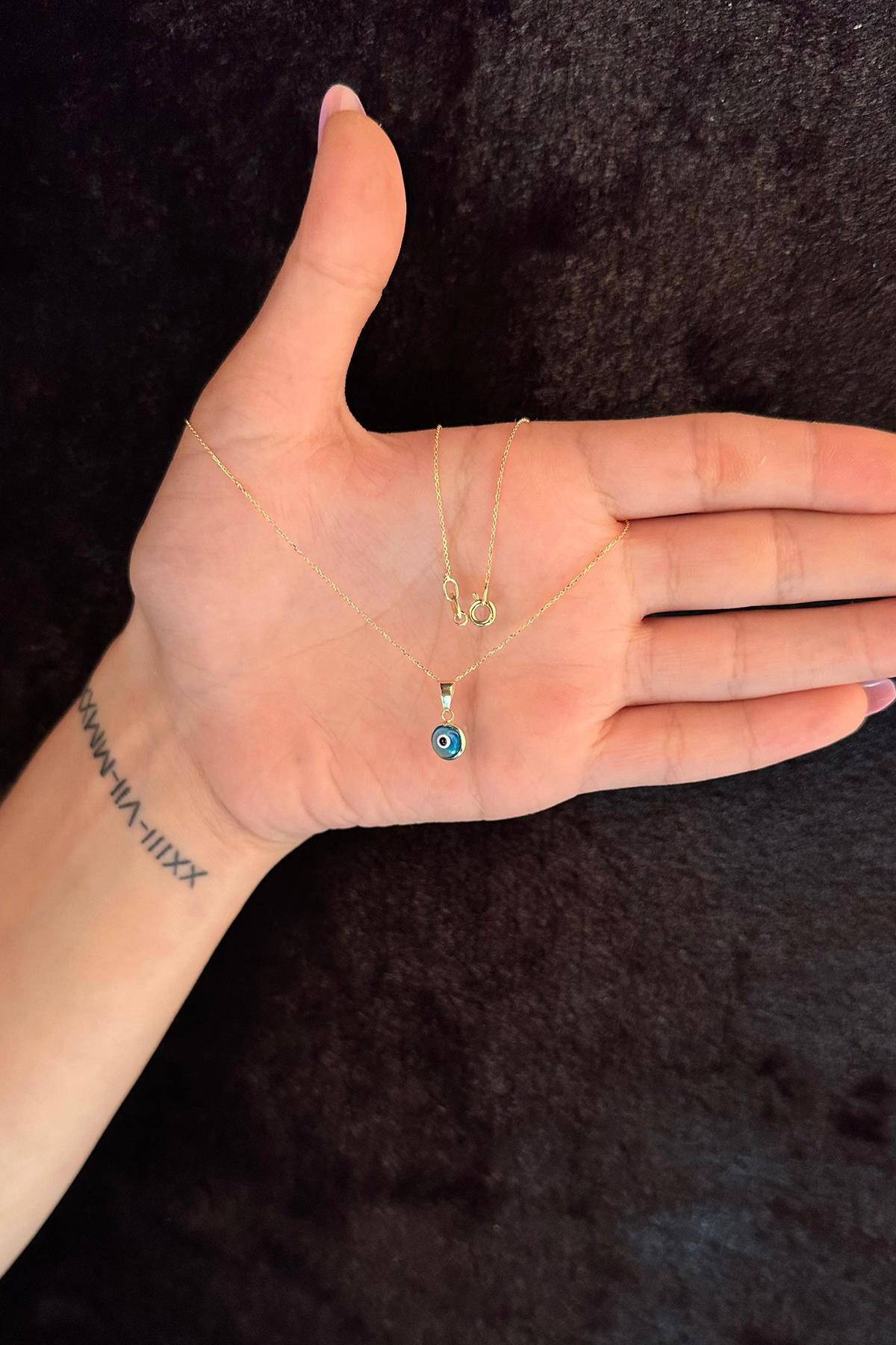 14 Ayar Altın Hayalet Zincir Mavi Gözlü Nazar Kolye - Fiyonk Kuyumculuk (1)