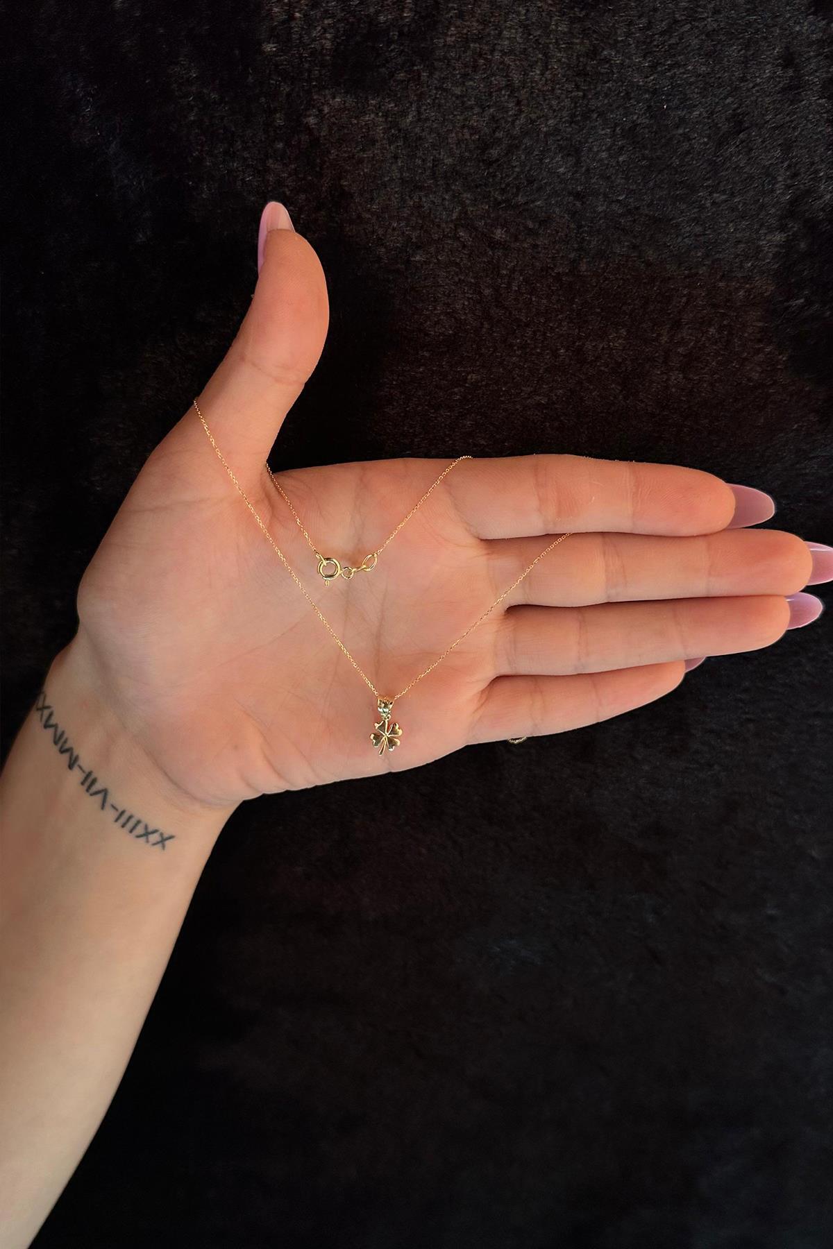 14 Ayar Altın Hayalet Zincir Yonca Uçlu Kolye - Fiyonk Kuyumculuk (1)