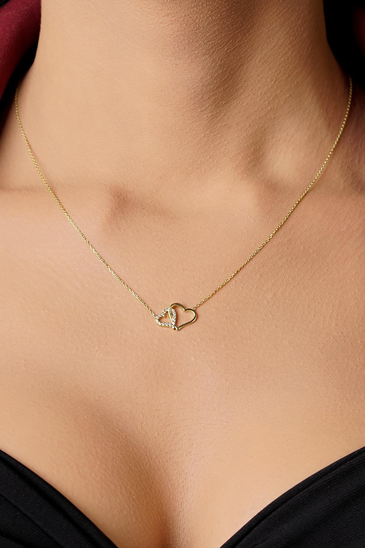 14 Ayar Altın İç İçe Kalpler Kolye - Fiyonk Kuyumculuk