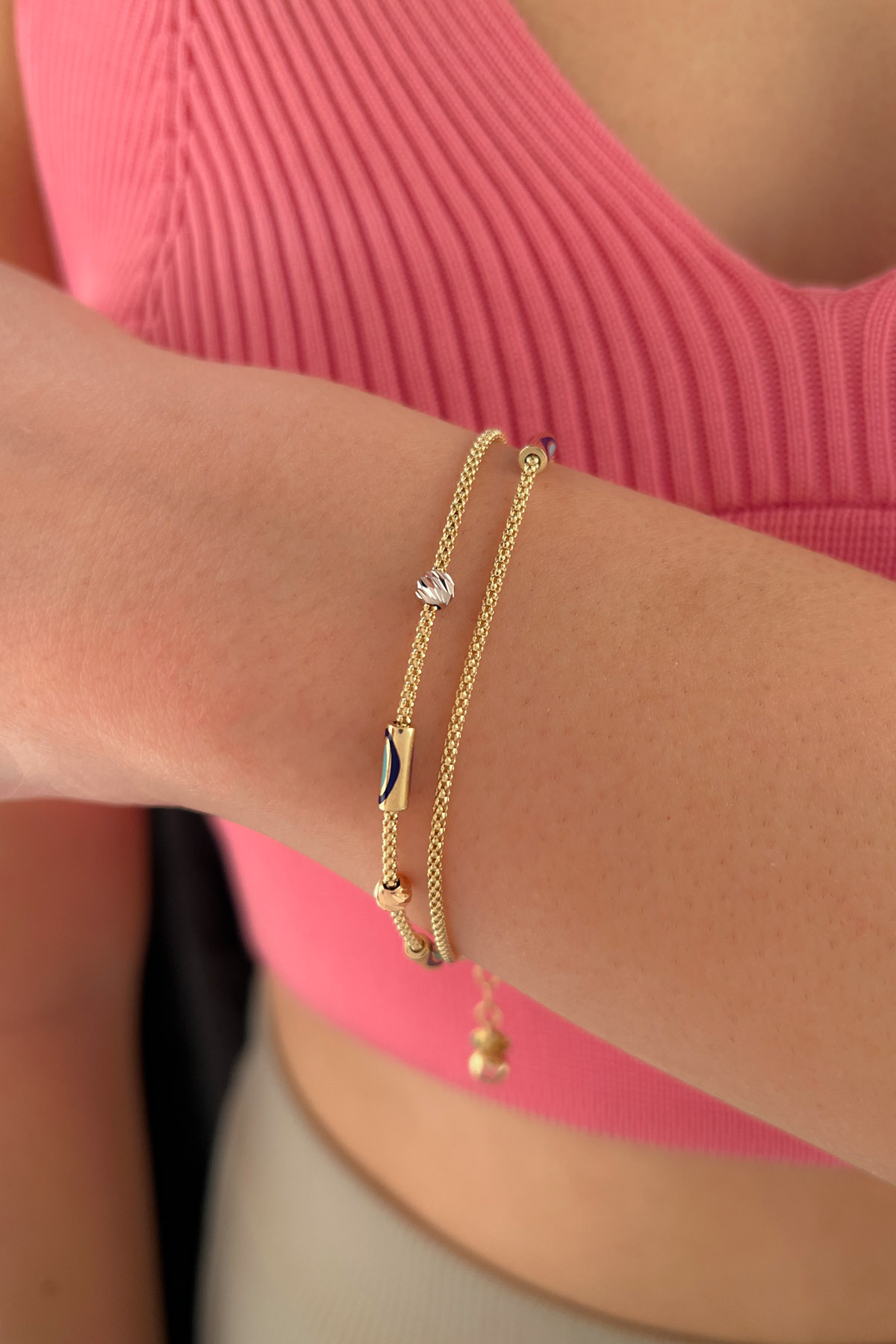 14 Ayar Altın İkili Roller Nazarlık Detaylı Tilki Kuyruğu Bileklik - Fiyonk Kuyumculuk (1)