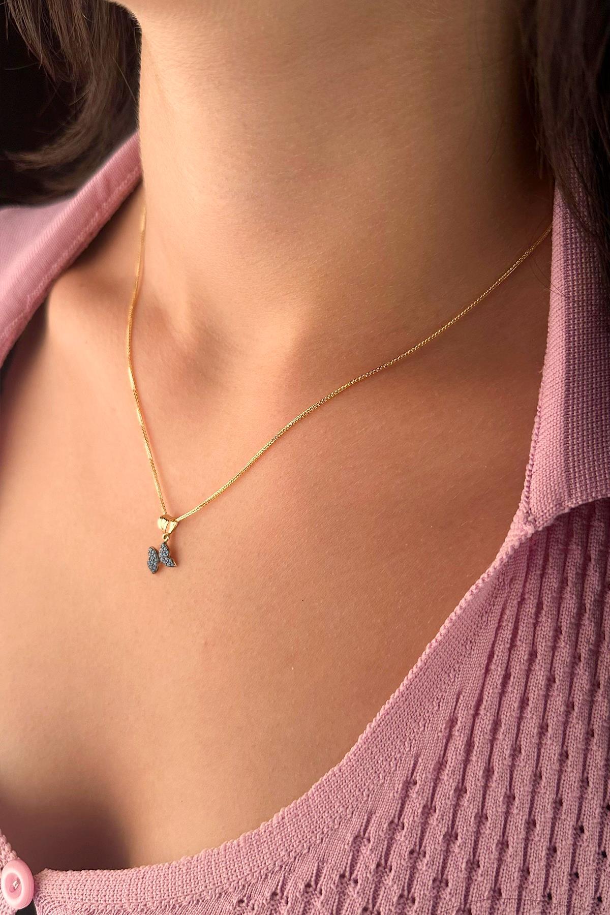 14 Ayar Altın İpek Zincir Firuze Taşlı Kelebek Kolye - Fiyonk Kuyumculuk