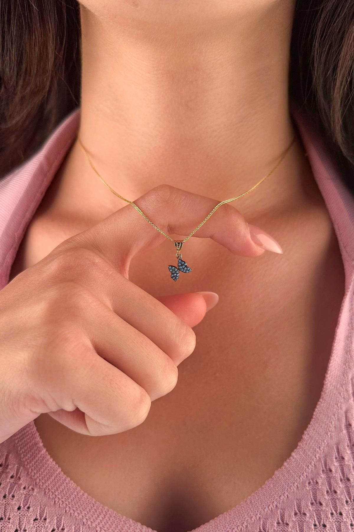 14 Ayar Altın İpek Zincir Firuze Taşlı Kelebek Kolye - Fiyonk Kuyumculuk (1)