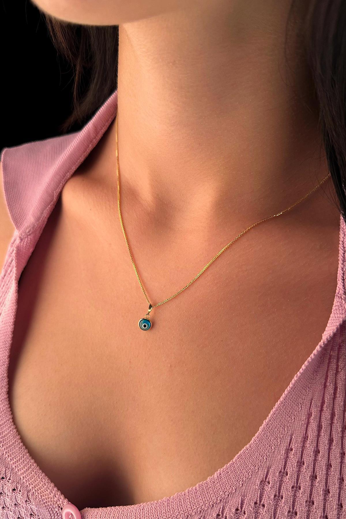 14 Ayar Altın İpek Zincir Mavi Gözlü Nazar Kolye - Fiyonk Kuyumculuk