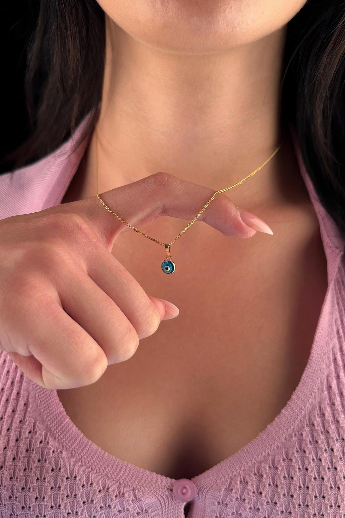 14 Ayar Altın İpek Zincir Mavi Gözlü Nazar Kolye - Fiyonk Kuyumculuk (1)