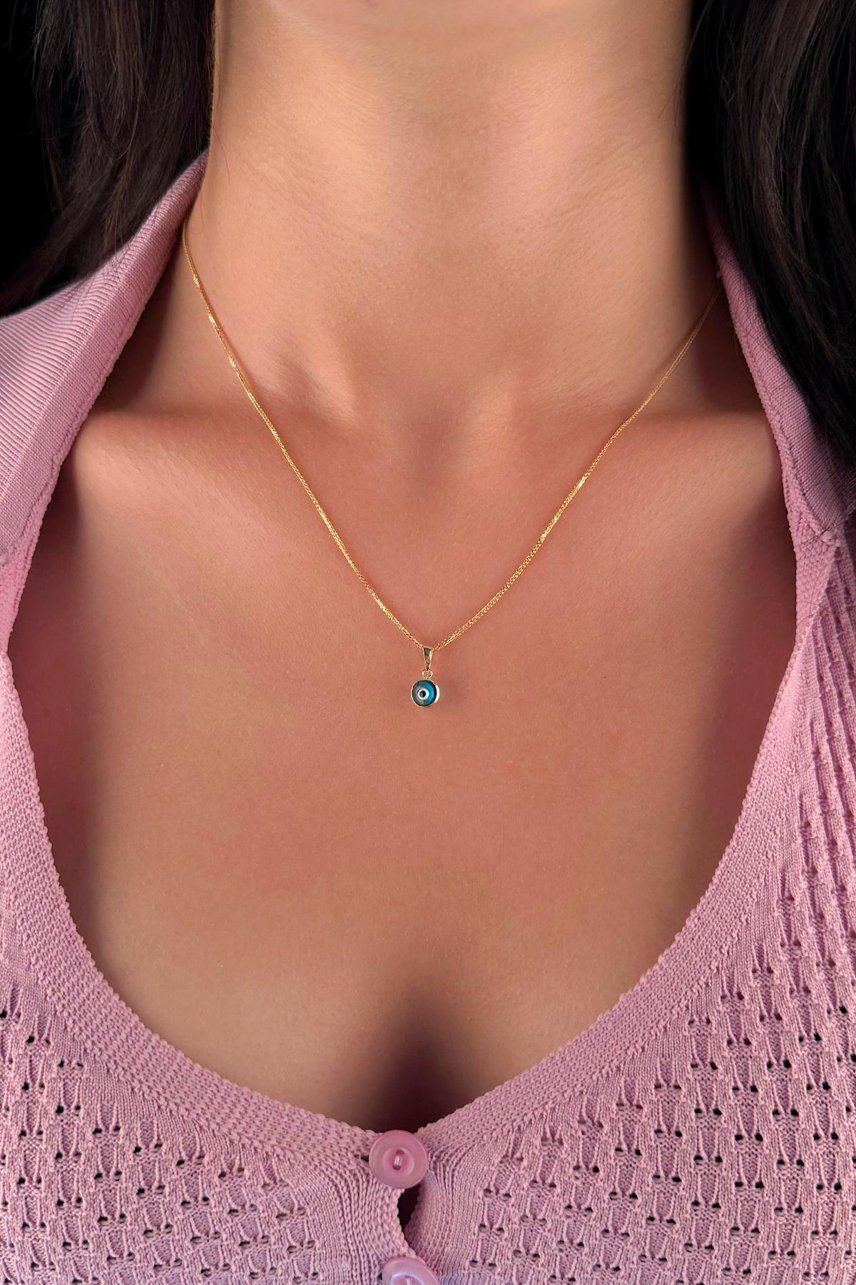 14 Ayar Altın İpek Zincir Mavi Gözlü Nazar Kolye - Fiyonk Kuyumculuk (1)