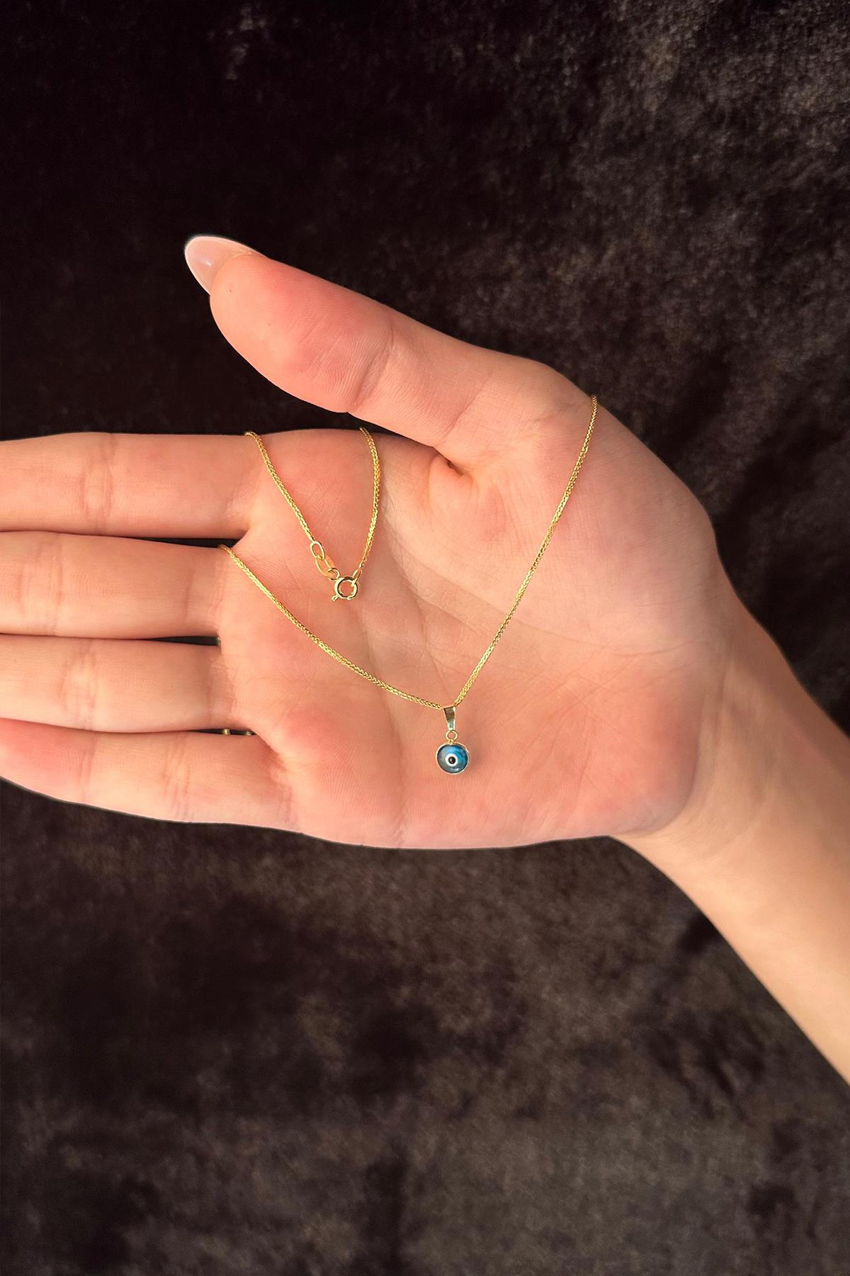 14 Ayar Altın İpek Zincir Mavi Gözlü Nazar Kolye - Fiyonk Kuyumculuk (1)