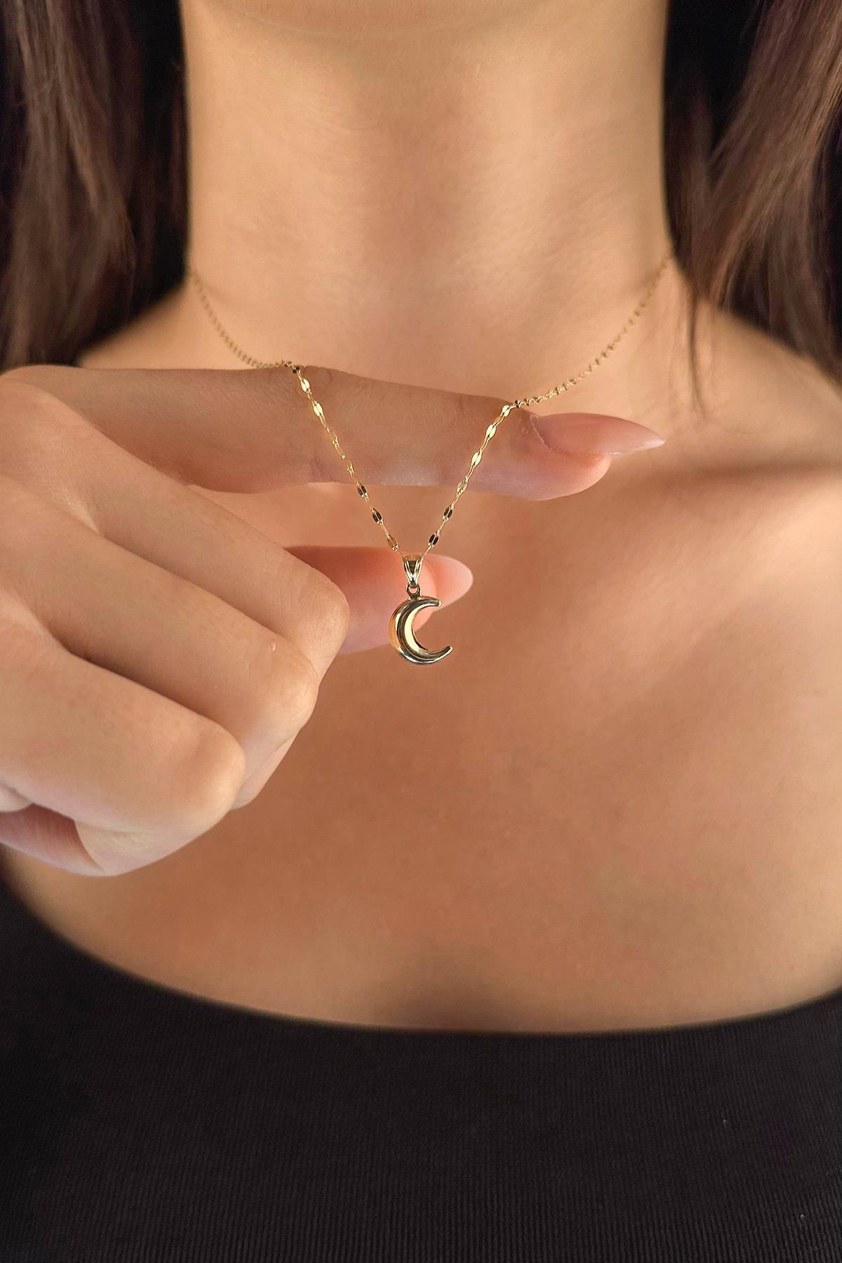 14 Ayar Altın Işıltılı Aynalı Zincir Hilal Ay Uçlu Kolye - Fiyonk Kuyumculuk (1)