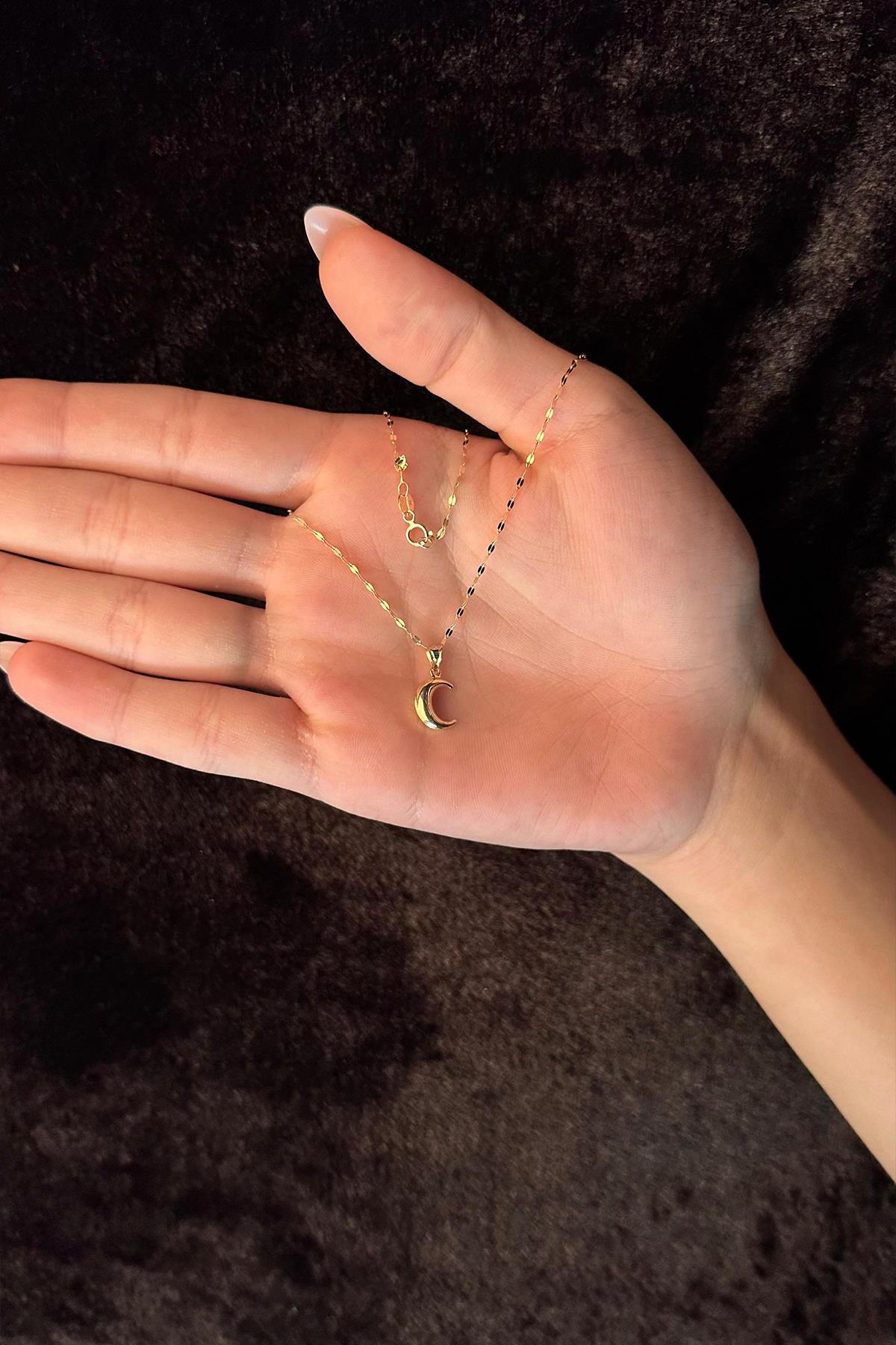 14 Ayar Altın Işıltılı Aynalı Zincir Hilal Ay Uçlu Kolye - Fiyonk Kuyumculuk (1)