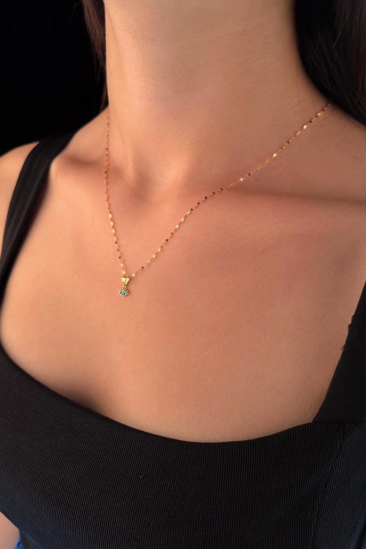 14 Ayar Altın Işıltılı Aynalı Zincir Kirpik Uçlu Kolye - Fiyonk Kuyumculuk