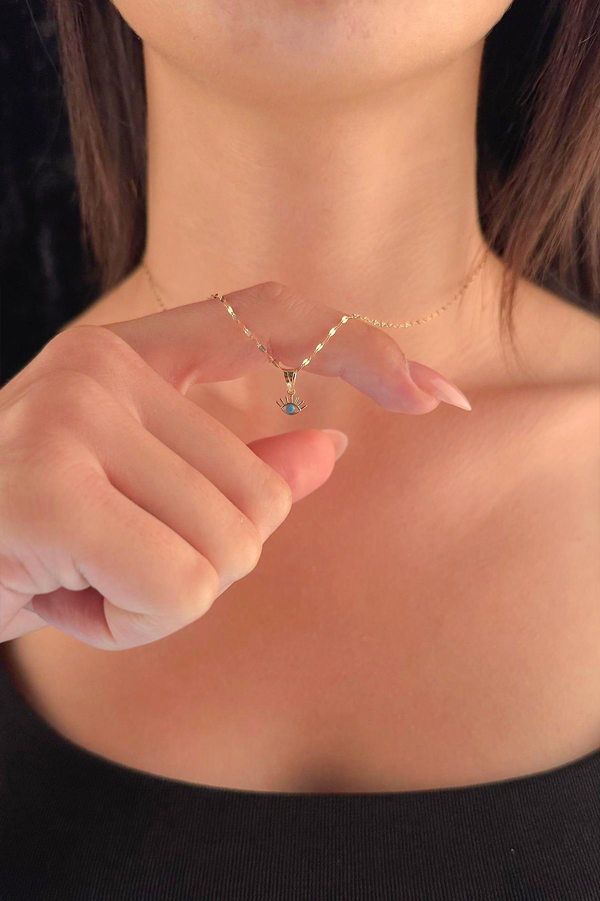 14 Ayar Altın Işıltılı Aynalı Zincir Kirpik Uçlu Kolye - Fiyonk Kuyumculuk (1)