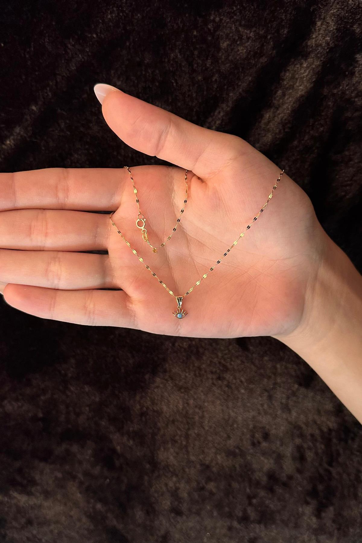 14 Ayar Altın Işıltılı Aynalı Zincir Kirpik Uçlu Kolye - Fiyonk Kuyumculuk (1)