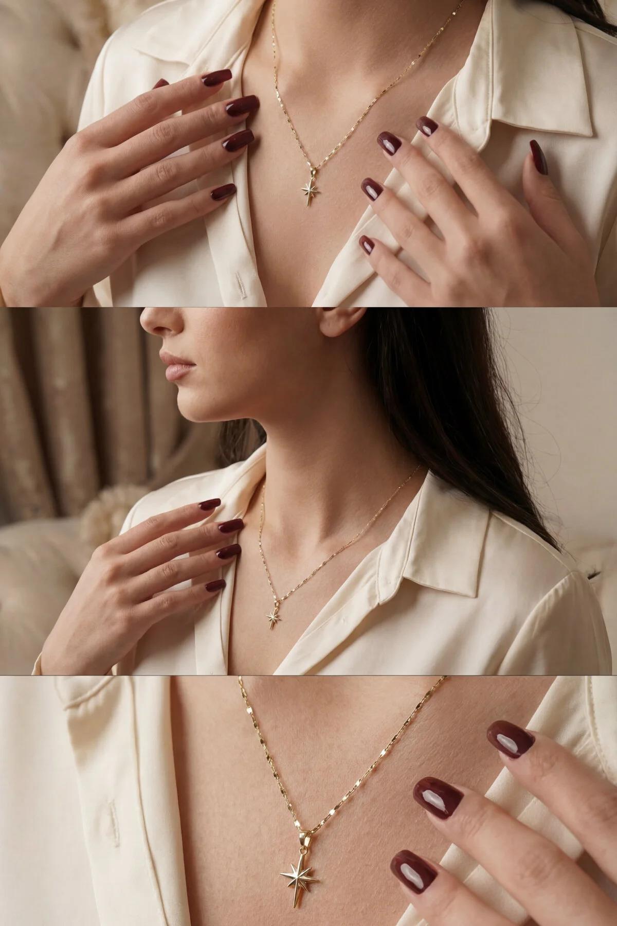 14 Ayar Altın Işıltılı Aynalı Zincir Kuzey Yıldızı Kolye - Fiyonk Kuyumculuk (1)