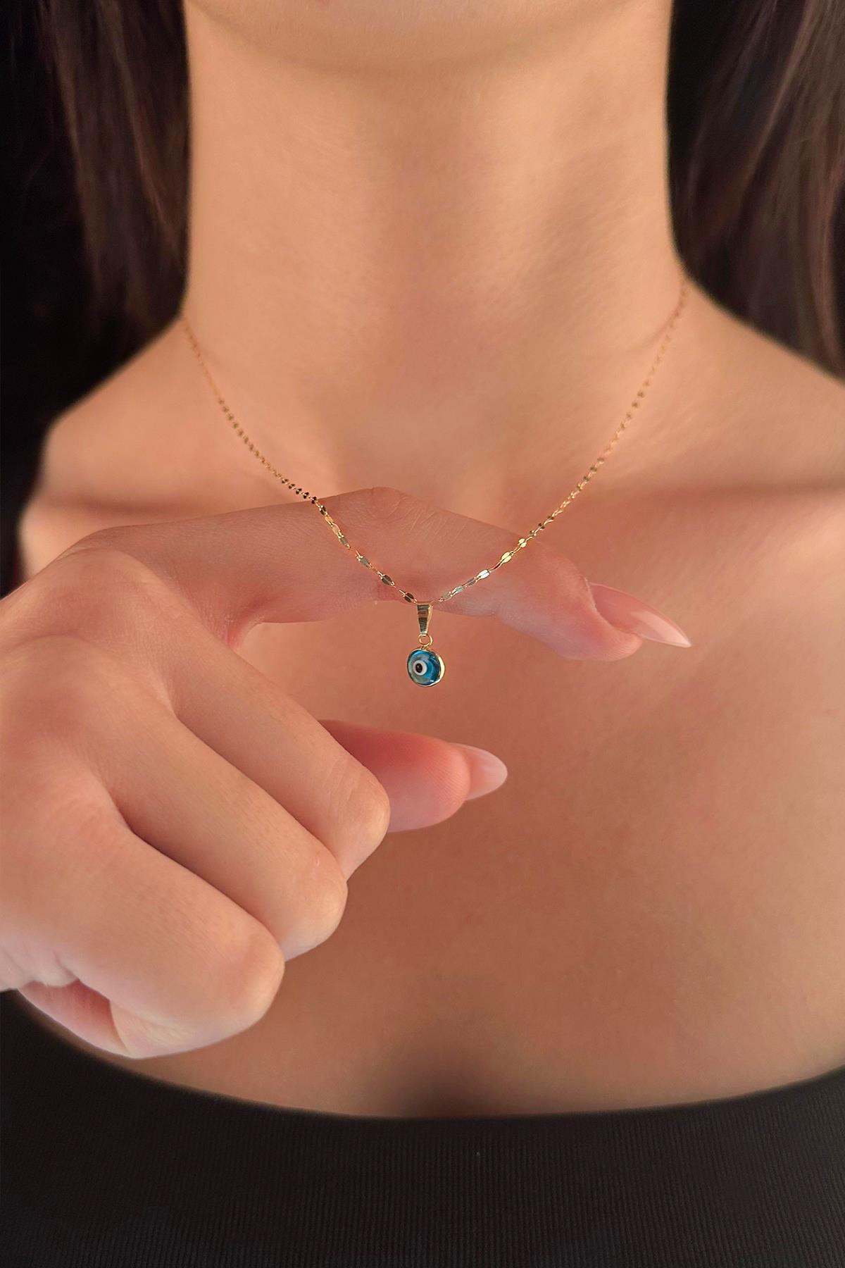 14 Ayar Altın Işıltılı Aynalı Zincir Mavi Gözlü Nazar Kolye - Fiyonk Kuyumculuk (1)