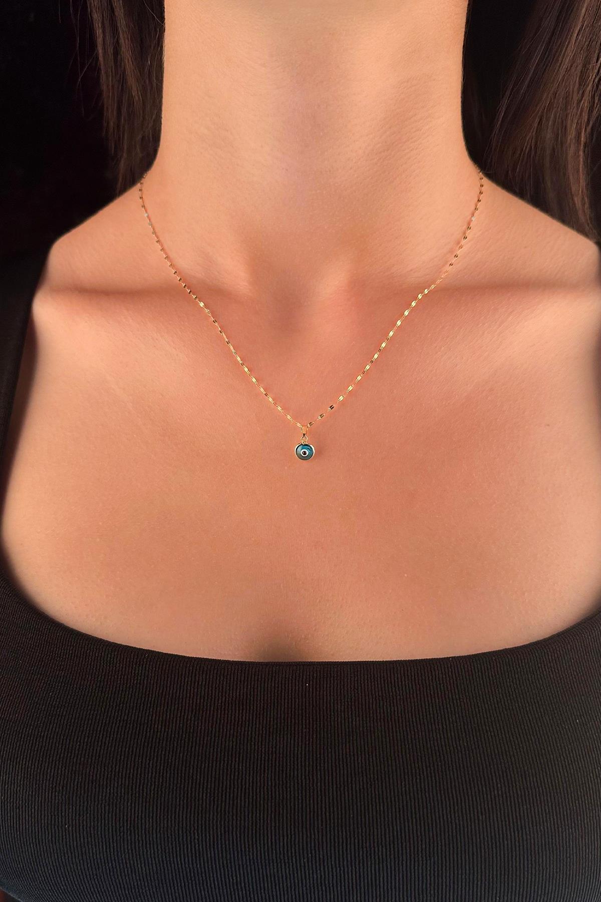14 Ayar Altın Işıltılı Aynalı Zincir Mavi Gözlü Nazar Kolye - Fiyonk Kuyumculuk (1)