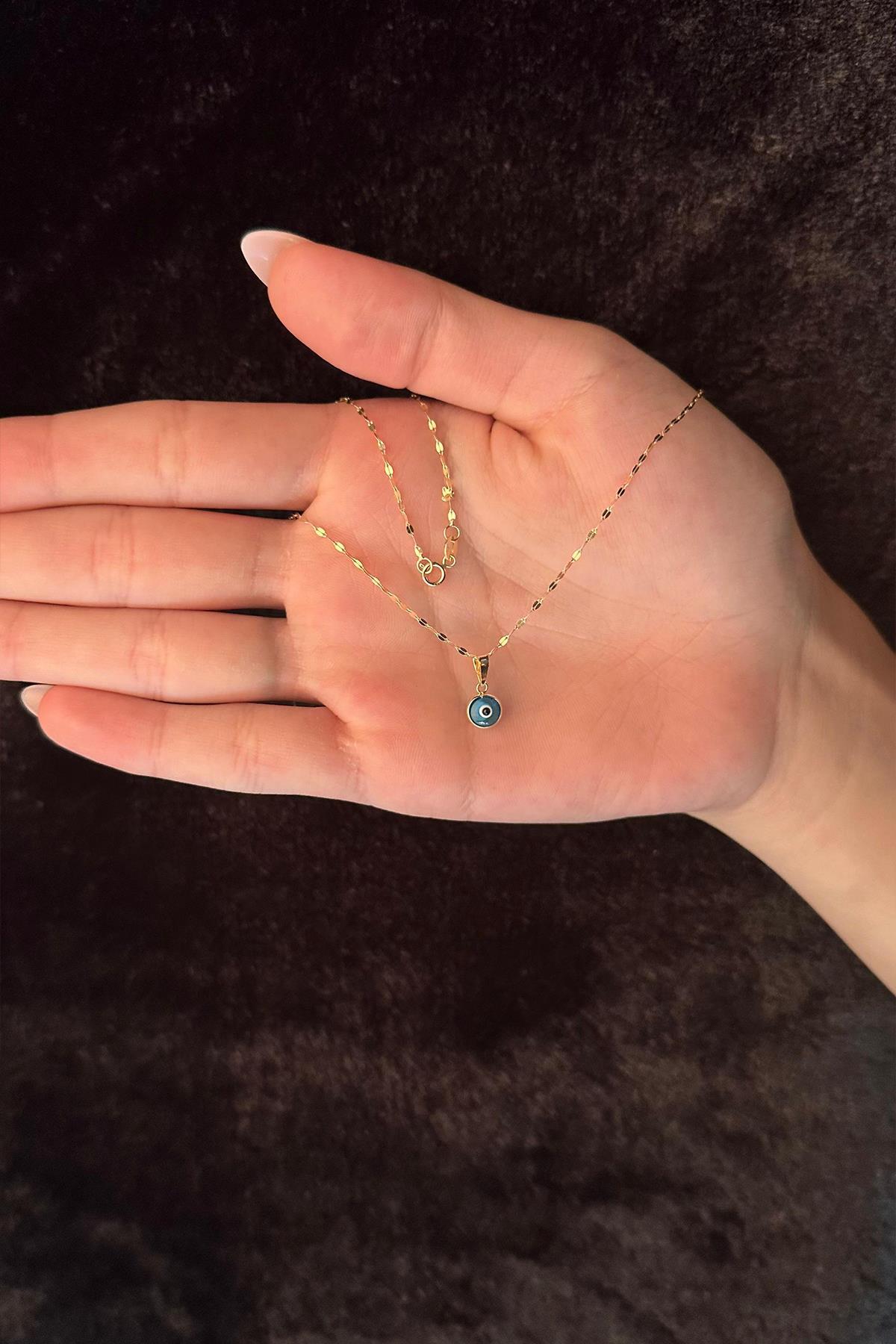 14 Ayar Altın Işıltılı Aynalı Zincir Mavi Gözlü Nazar Kolye - Fiyonk Kuyumculuk (1)