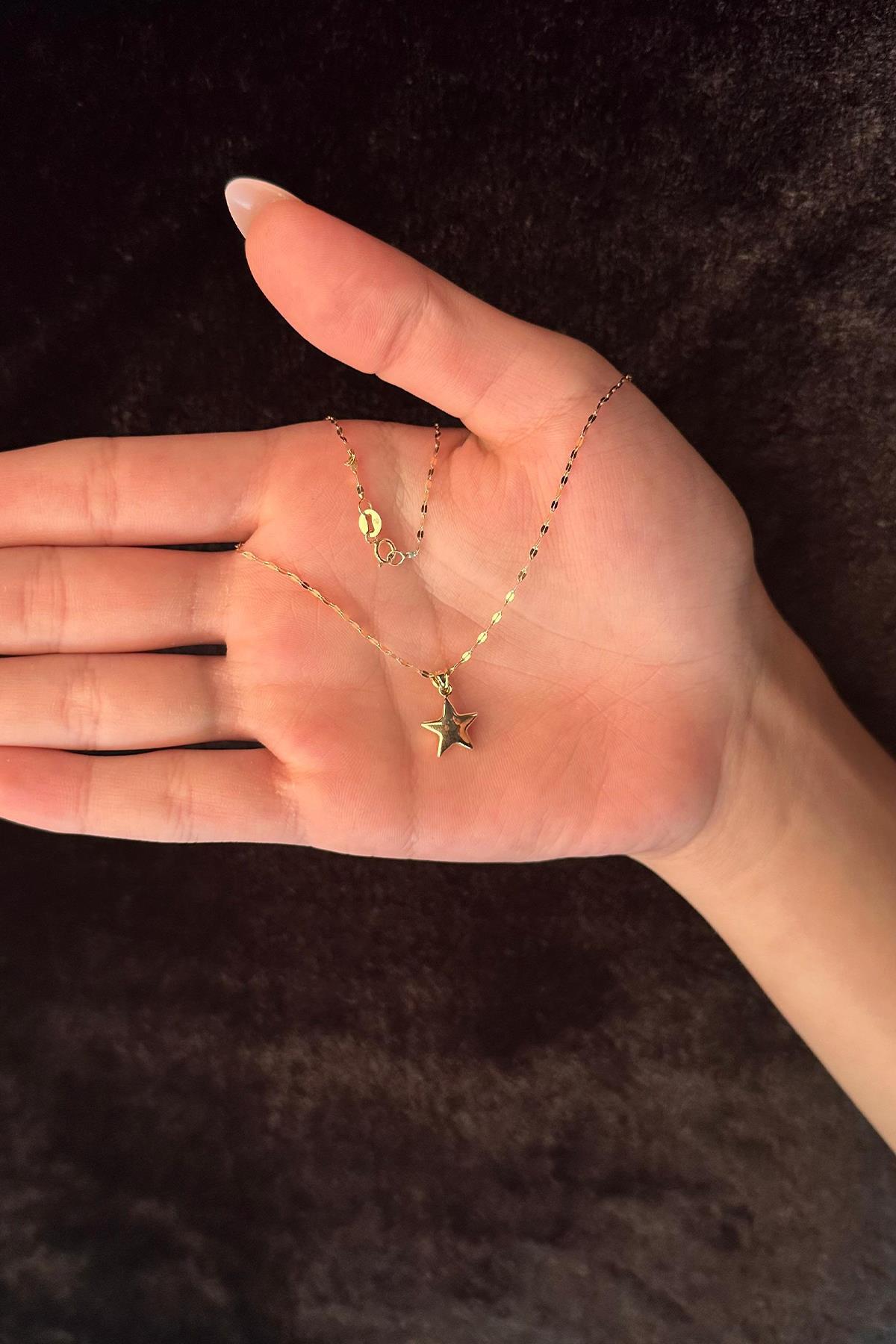 14 Ayar Altın Işıltılı Aynalı Zincir Yıldız Kolye - Fiyonk Kuyumculuk (1)