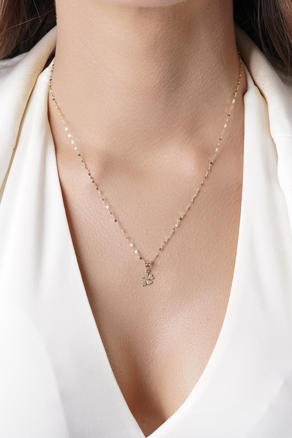 14 Ayar Altın Işıltılı Aynalı Zincir Yonca Uçlu Kolye - Fiyonk Kuyumculuk