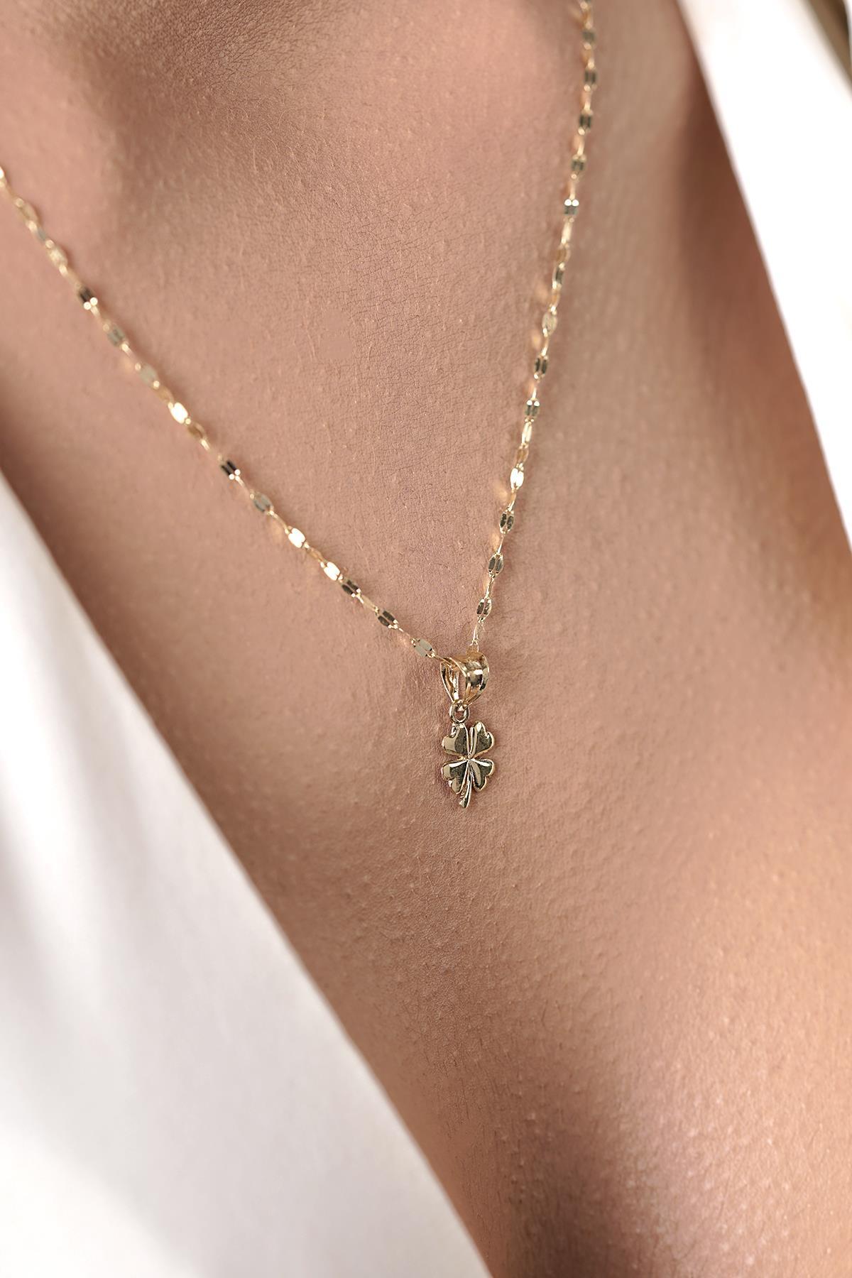 14 Ayar Altın Işıltılı Aynalı Zincir Yonca Uçlu Kolye - Fiyonk Kuyumculuk (1)