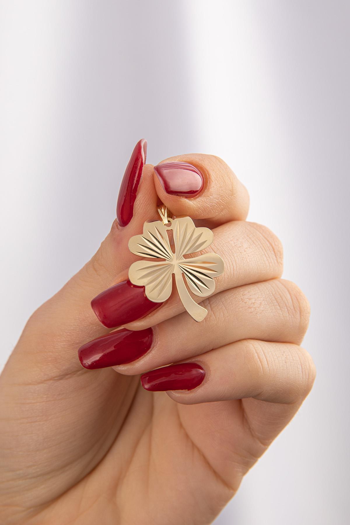 14 Ayar Altın Işıltılı Midi Yonca Kolye Ucu - Fiyonk Kuyumculuk