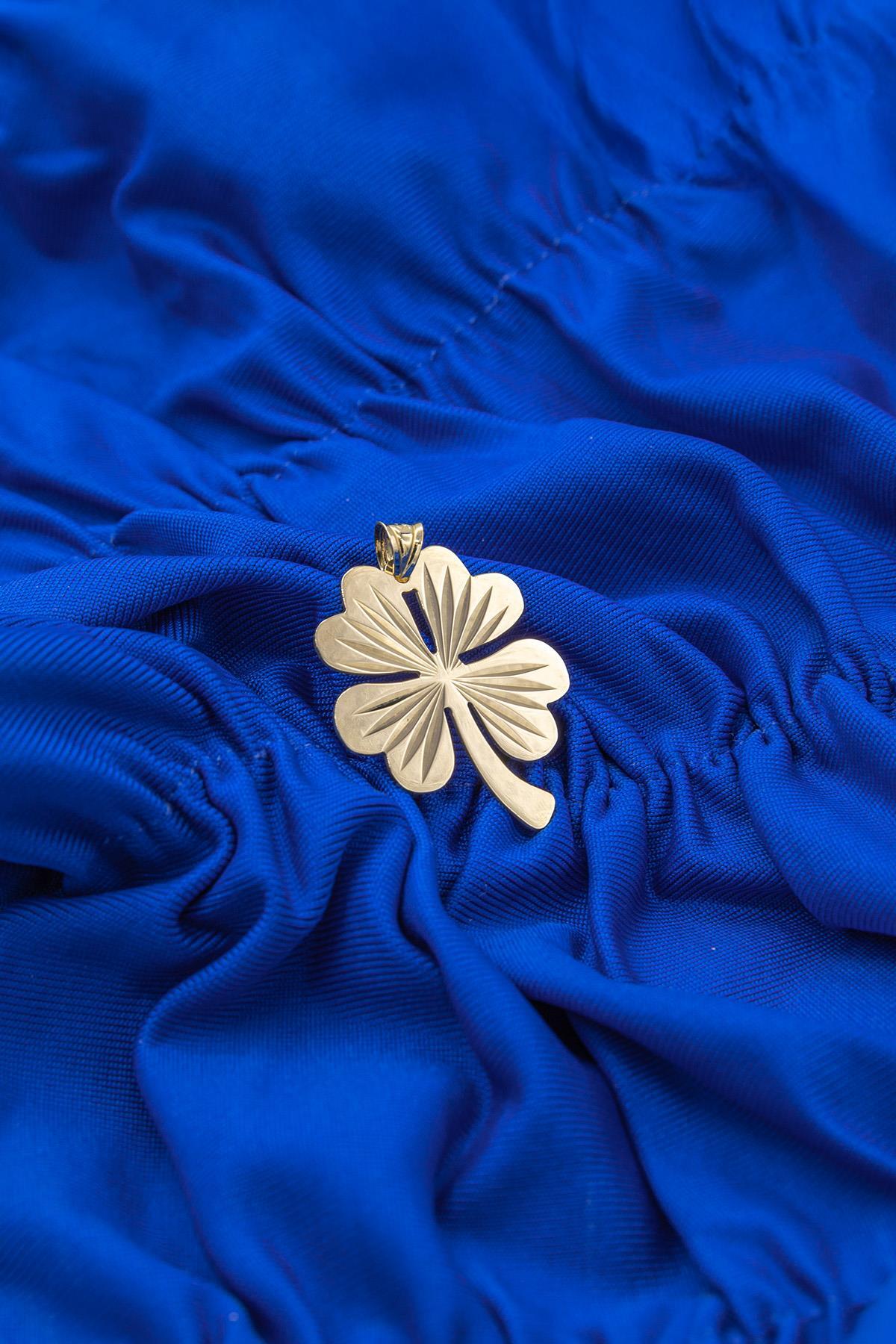 14 Ayar Altın Işıltılı Midi Yonca Kolye Ucu - Fiyonk Kuyumculuk (1)