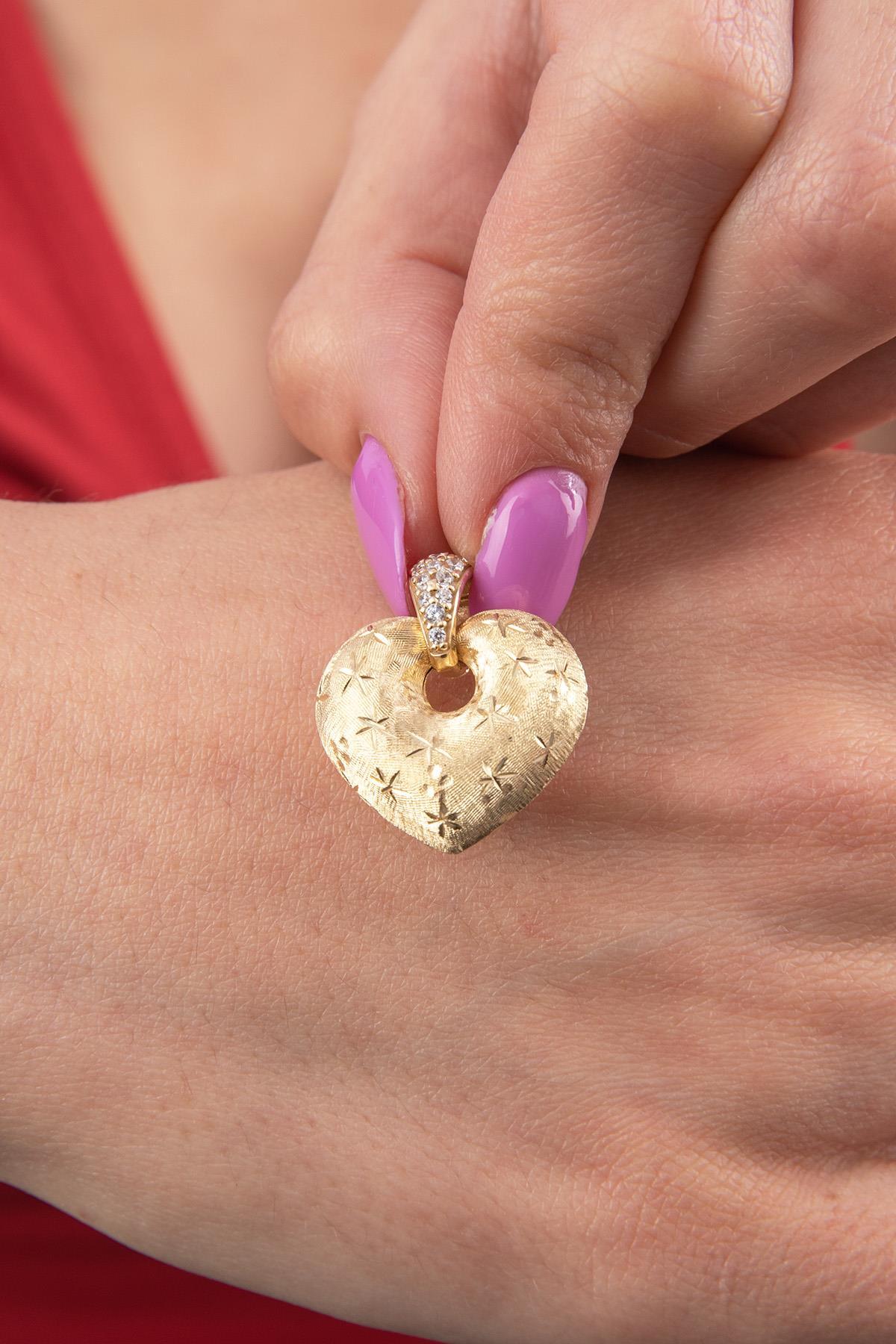 14 Ayar Altın Işıltılı Orta Kalp Kolye Ucu - Fiyonk Kuyumculuk (1)