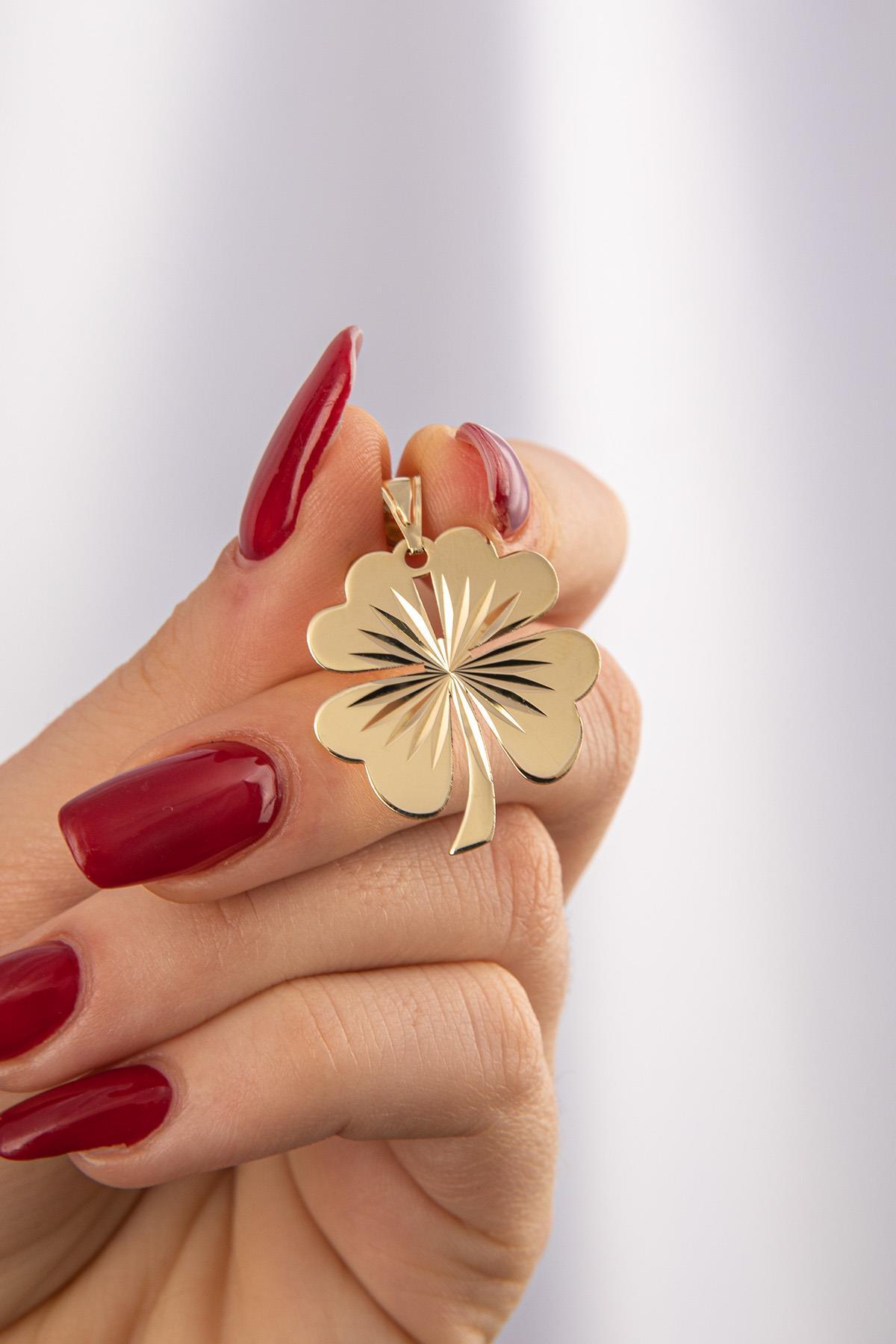 14 Ayar Altın Işıltılı Orta Yonca Kolye Ucu - Fiyonk Kuyumculuk