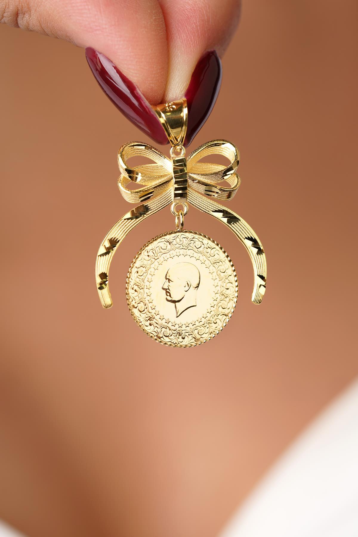 14 Ayar Altın Kalem İşlemeli Fiyonklu Çeyrek Altın Kolye Ucu - Fiyonk Kuyumculuk (1)