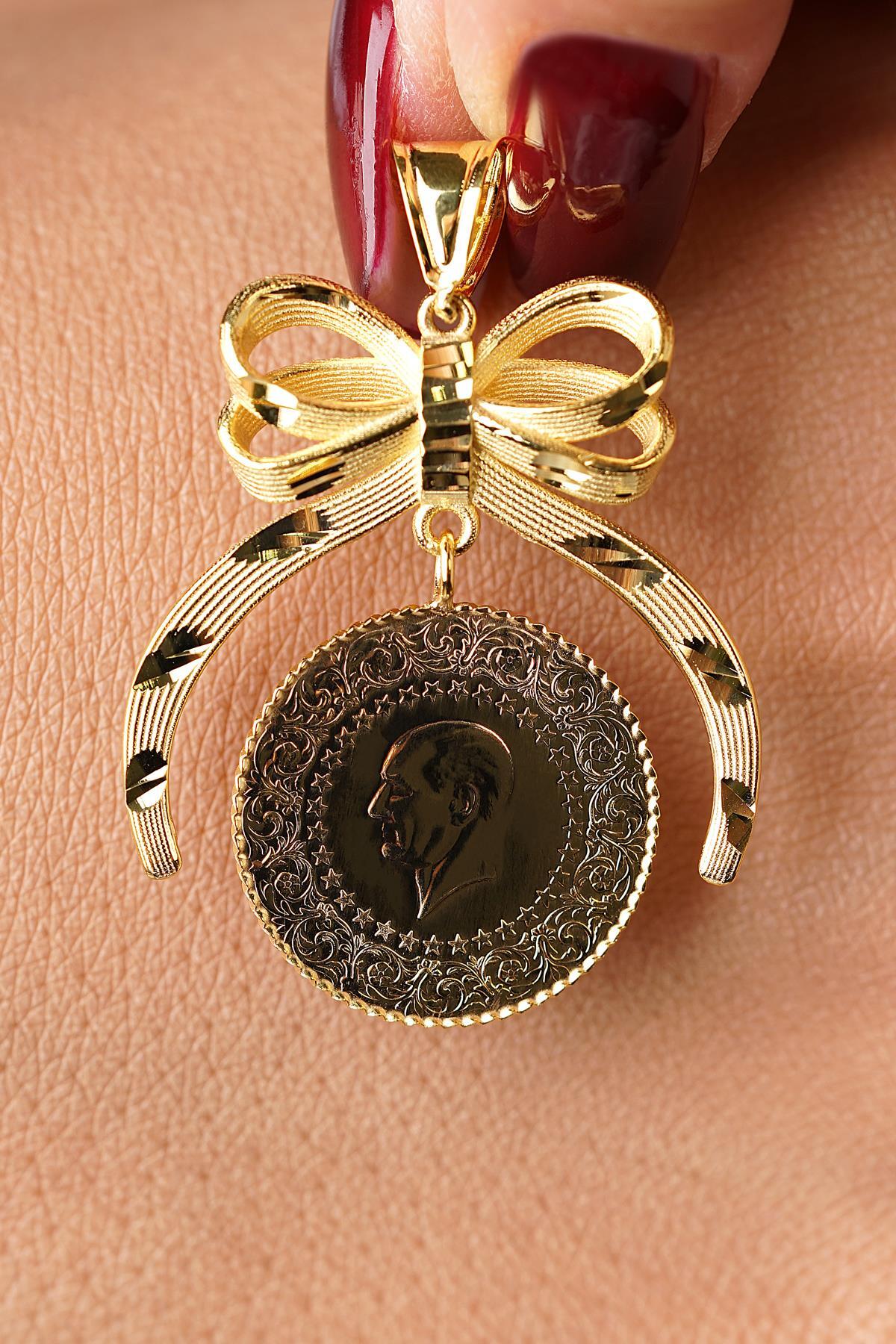 14 Ayar Altın Kalem İşlemeli Fiyonklu Çeyrek Altın Kolye Ucu - Fiyonk Kuyumculuk (1)