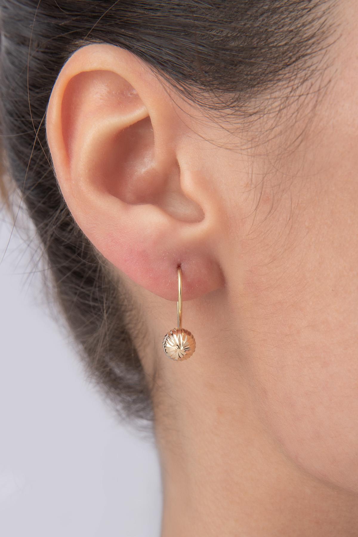 14 Ayar Altın Kalem İşlemeli Mini Top Küpe - Fiyonk Kuyumculuk (1)