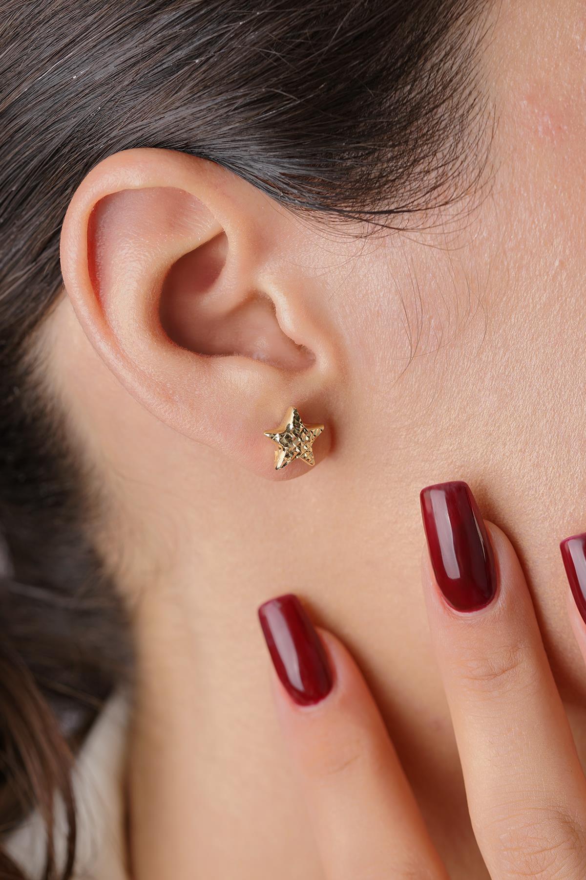 14 Ayar Altın Kalem İşlemeli Yıldız Küpe - Fiyonk Kuyumculuk (1)