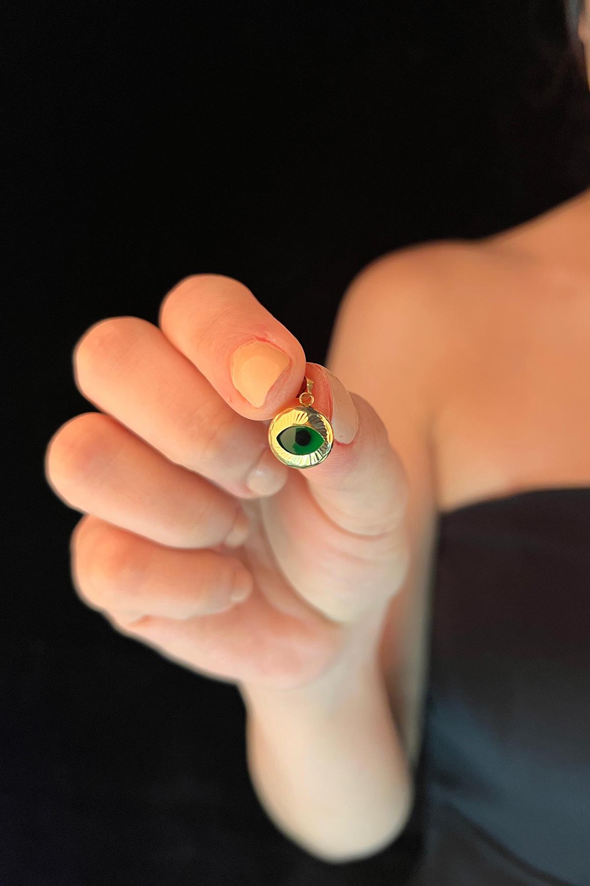 14 Ayar Altın Kalemli Mini Yeşil Göz Kolye Ucu - Fiyonk Kuyumculuk