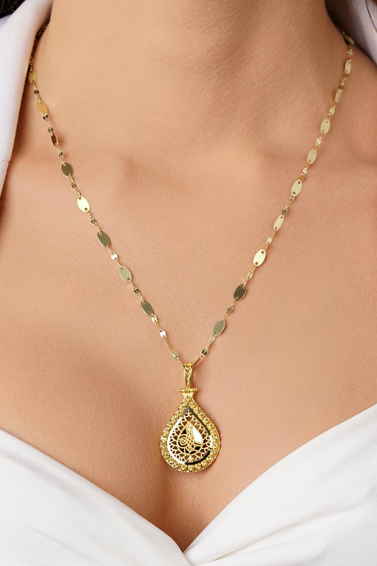 14 Ayar Altın Kalın Aynalı Zincirli Tuğra Uçlu Kolye - Fiyonk Kuyumculuk